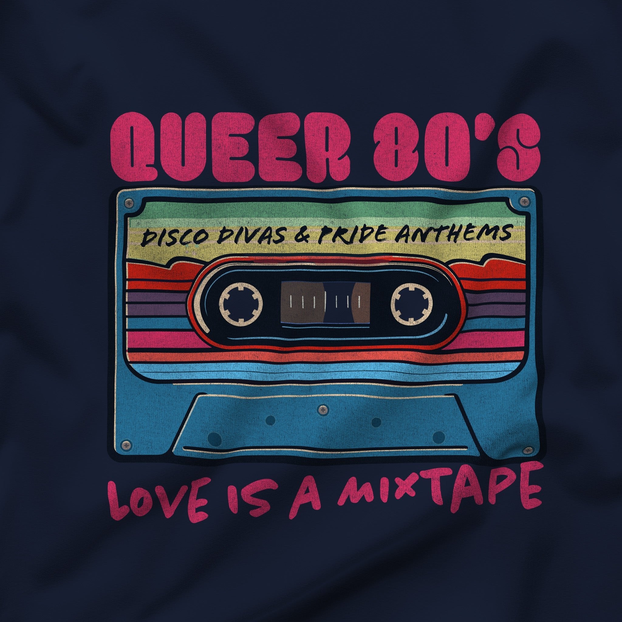 "Queer 80's: Love is a Mixtape" Hoodie - Hunky Tops #color_Navy