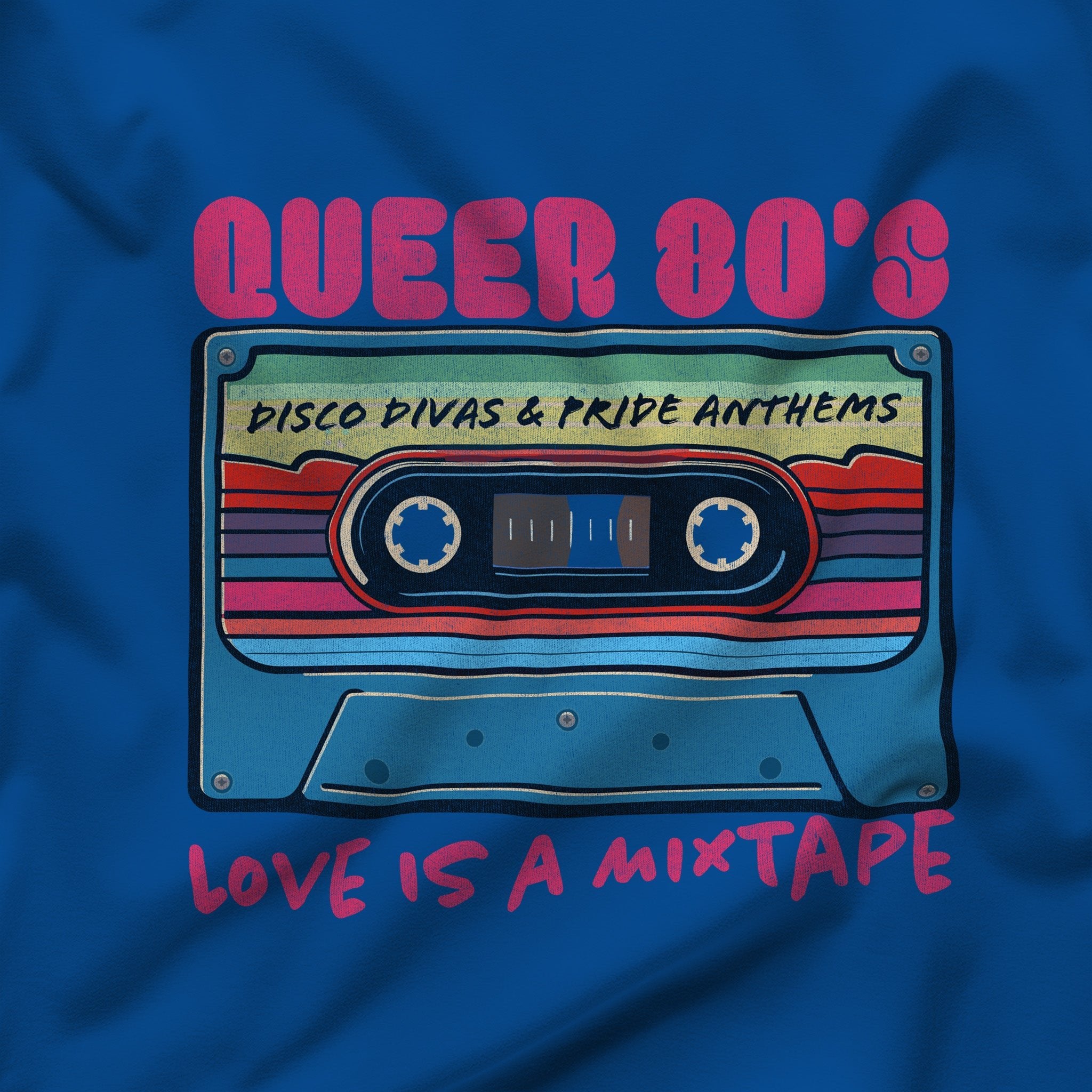 "Queer 80's: Love is a Mixtape" Hoodie - Hunky Tops #color_Royal