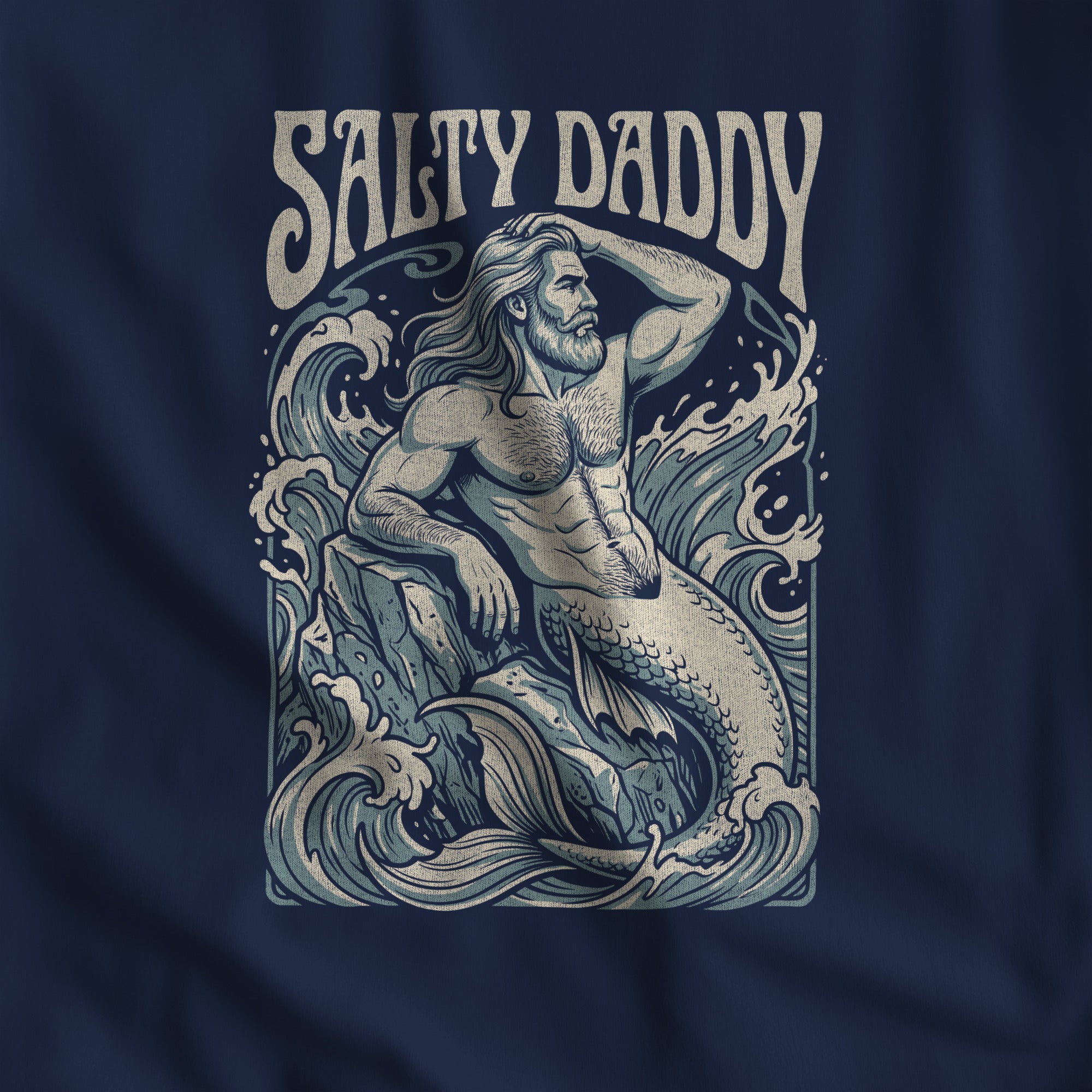 Close-up of the Salty Daddy merman print, sage and cream art nouveau line work on navy fabric #color_Navy