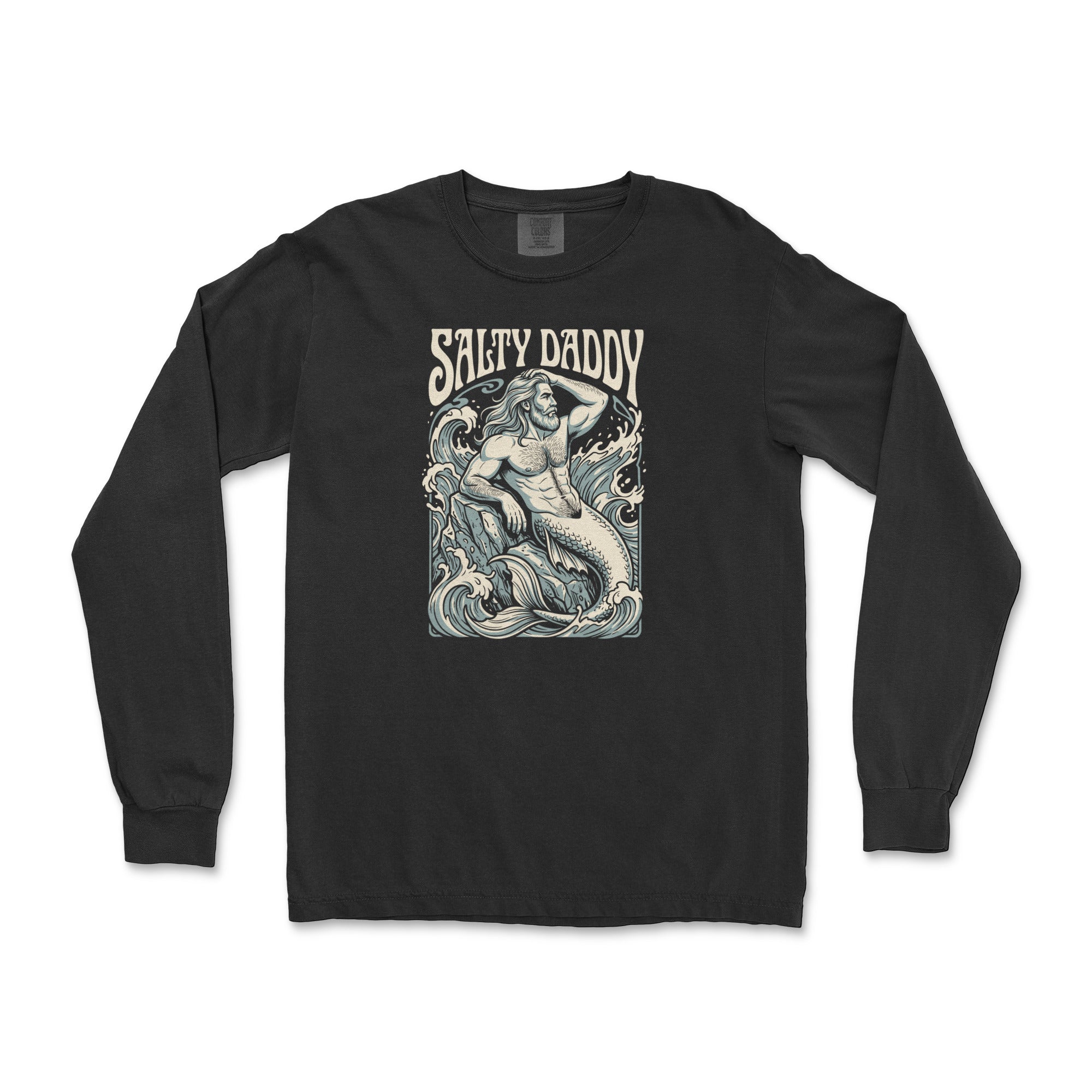 Salty Daddy silver-bearded merman vintage poster graphic on a black heavyweight long-sleeve t-shirt, flat lay #color_Black