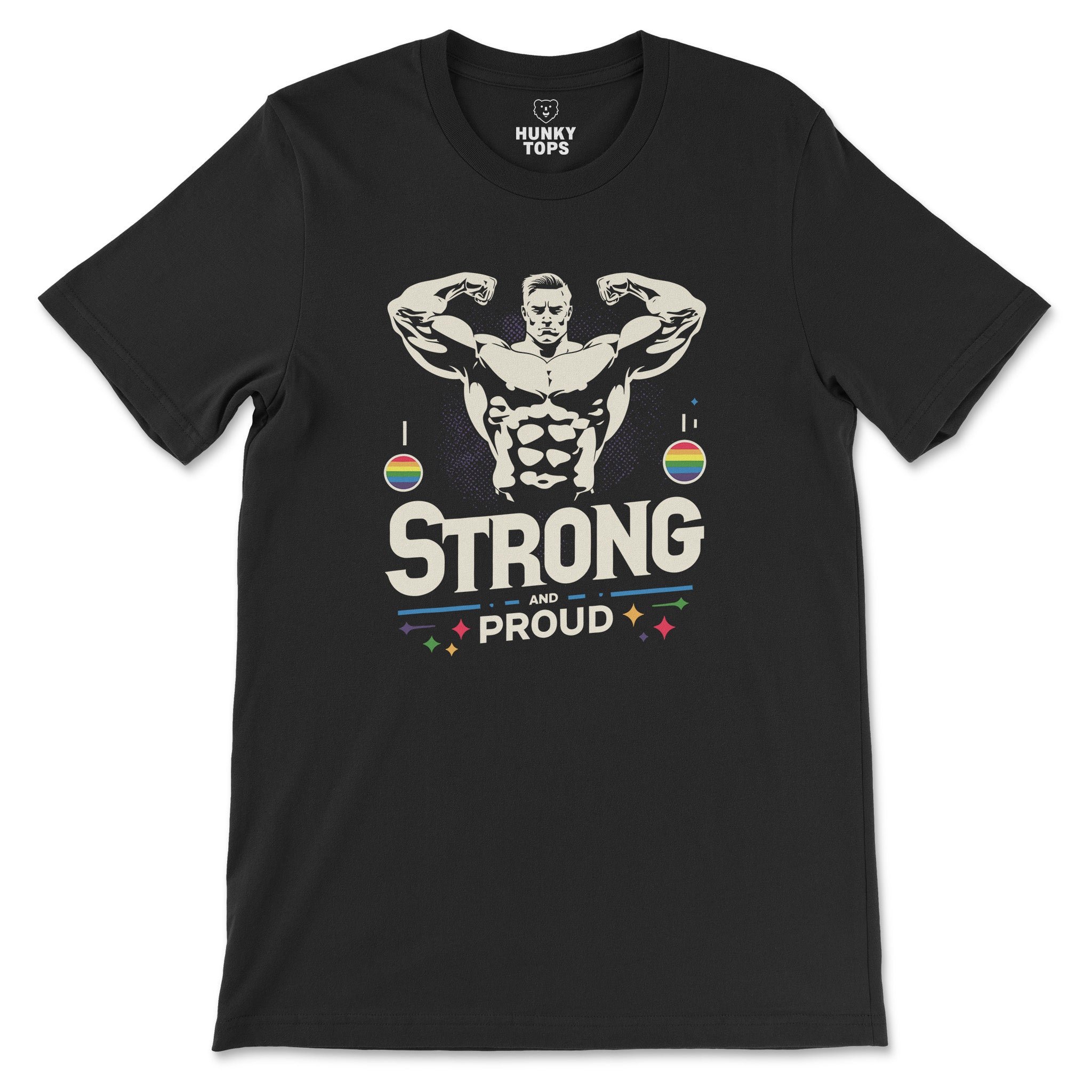 Strong and Proud Muscle Tee - Empowering LGBTQ+ Pride T-Shirt - Hunky Tops #color_Black