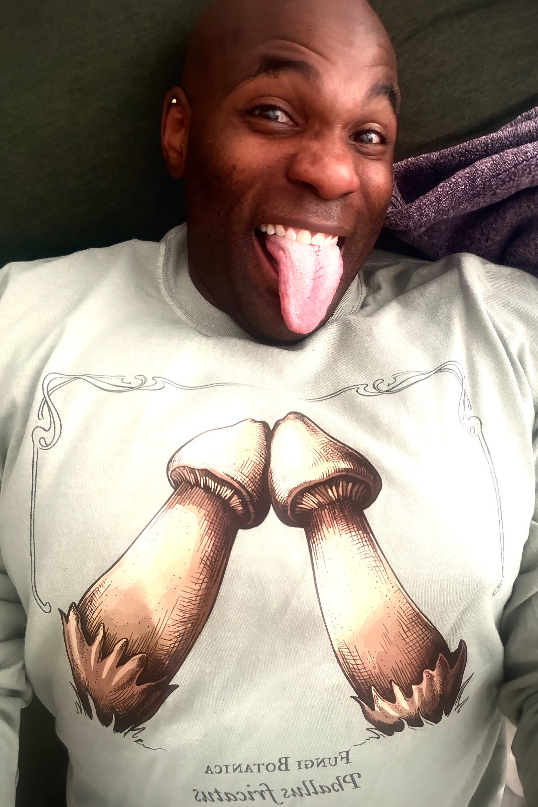 VibrantHazelnut42 wearing the Rubbing Mushrooms Long-Sleeve T-Shirt