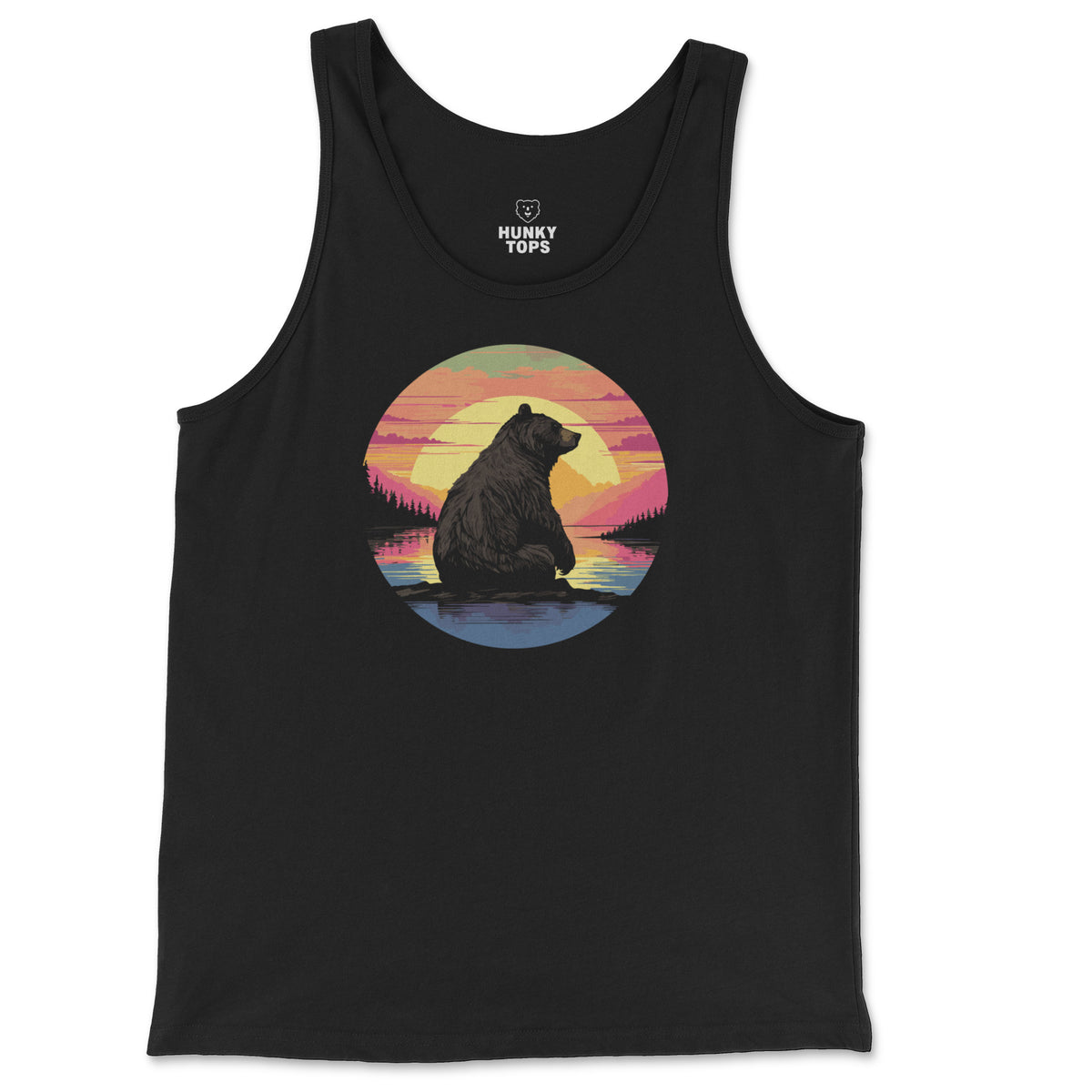 Sunset Bear Tank Top - Hunky Tops flat lay #color_Black