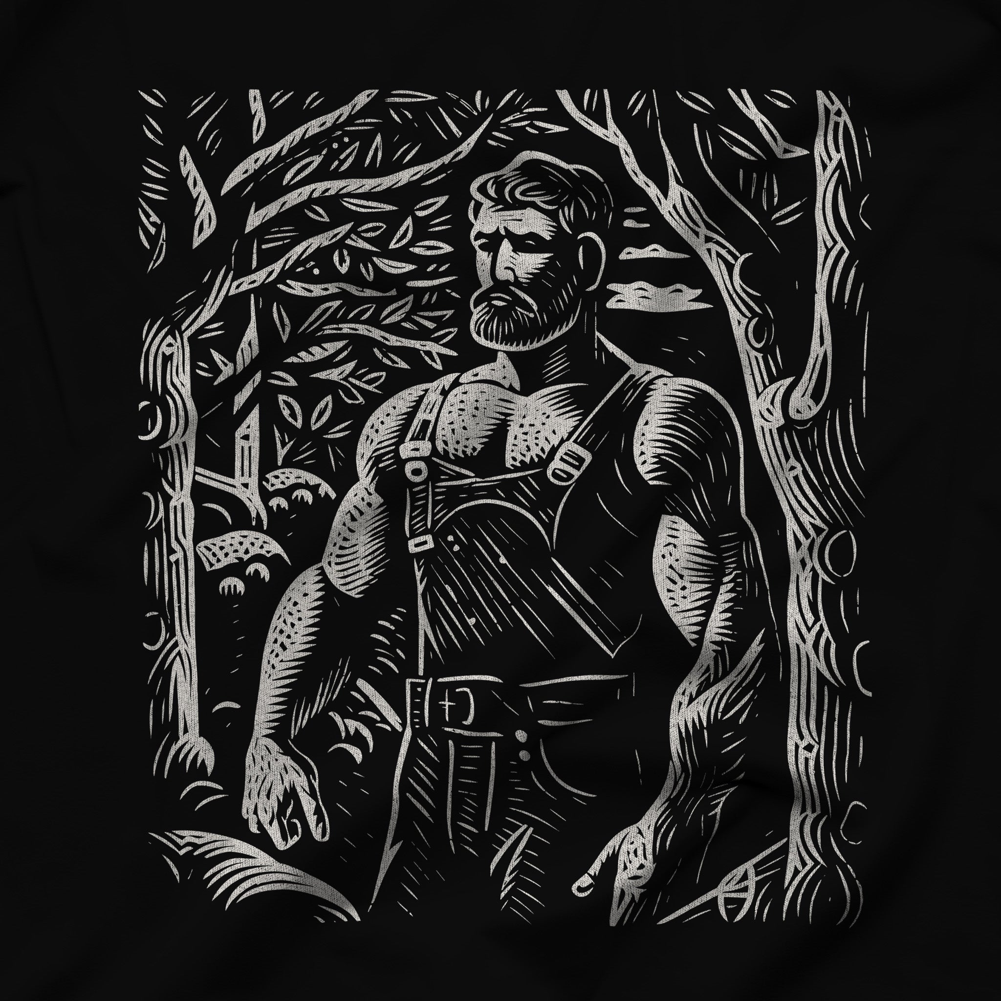 "The Woodsman's Tale" Woodcut Style T-Shirt - Hunky Tops #color_Black