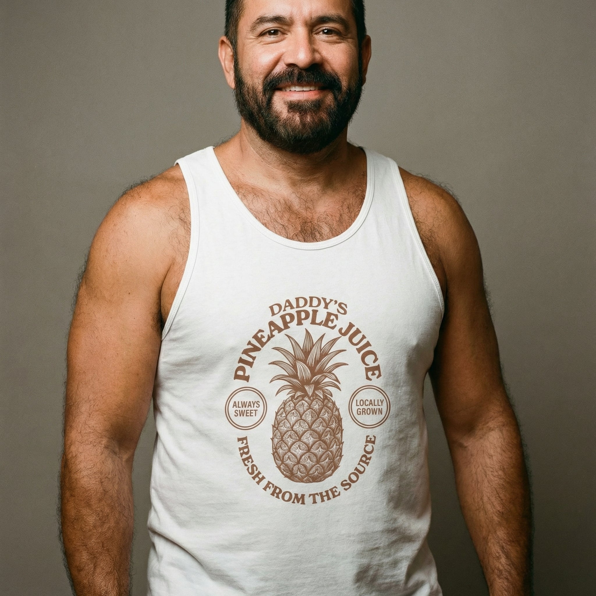 A medium-length portrait of a smiling, muscular man with a dark beard and mustache against a plain gray background. He is wearing a white tank top featuring a brown vintage-style graphic of a pineapple. The text surrounding the pineapple says "DADDY'S PINEAPPLE JUICE" at the top and "FRESH FROM THE SOURCE" at the bottom, with small side circles reading "ALWAYS SWEET" and "LOCALLY GROWN." The man has a friendly expression and is looking directly at the camera. #color_White