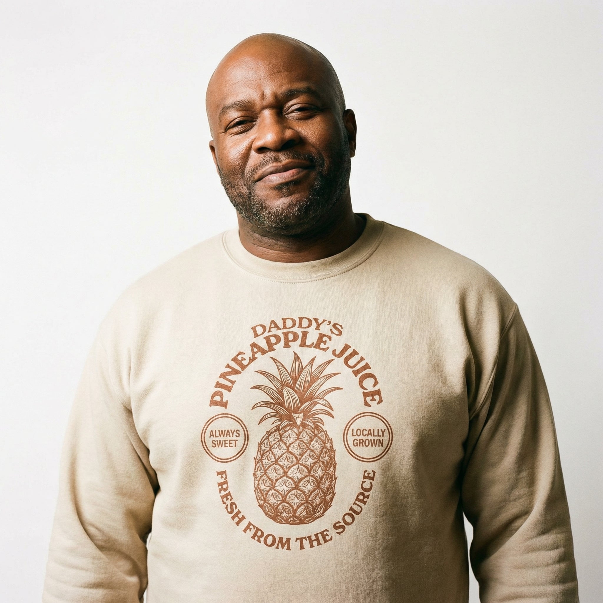 A medium shot of a Black man with a shaved head and a short, grey-flecked beard, looking directly at the camera with a warm and gentle smile. He is wearing a tan crewneck sweatshirt with a brown graphic in the center. The graphic depicts a pineapple surrounded by the words 'DADDY'S PINEAPPLE JUICE,' 'ALWAYS SWEET,' 'LOCALLY GROWN,' and 'FRESH FROM THE SOURCE.' The background is solid white, creating a clean and friendly portrait. #color_Sand