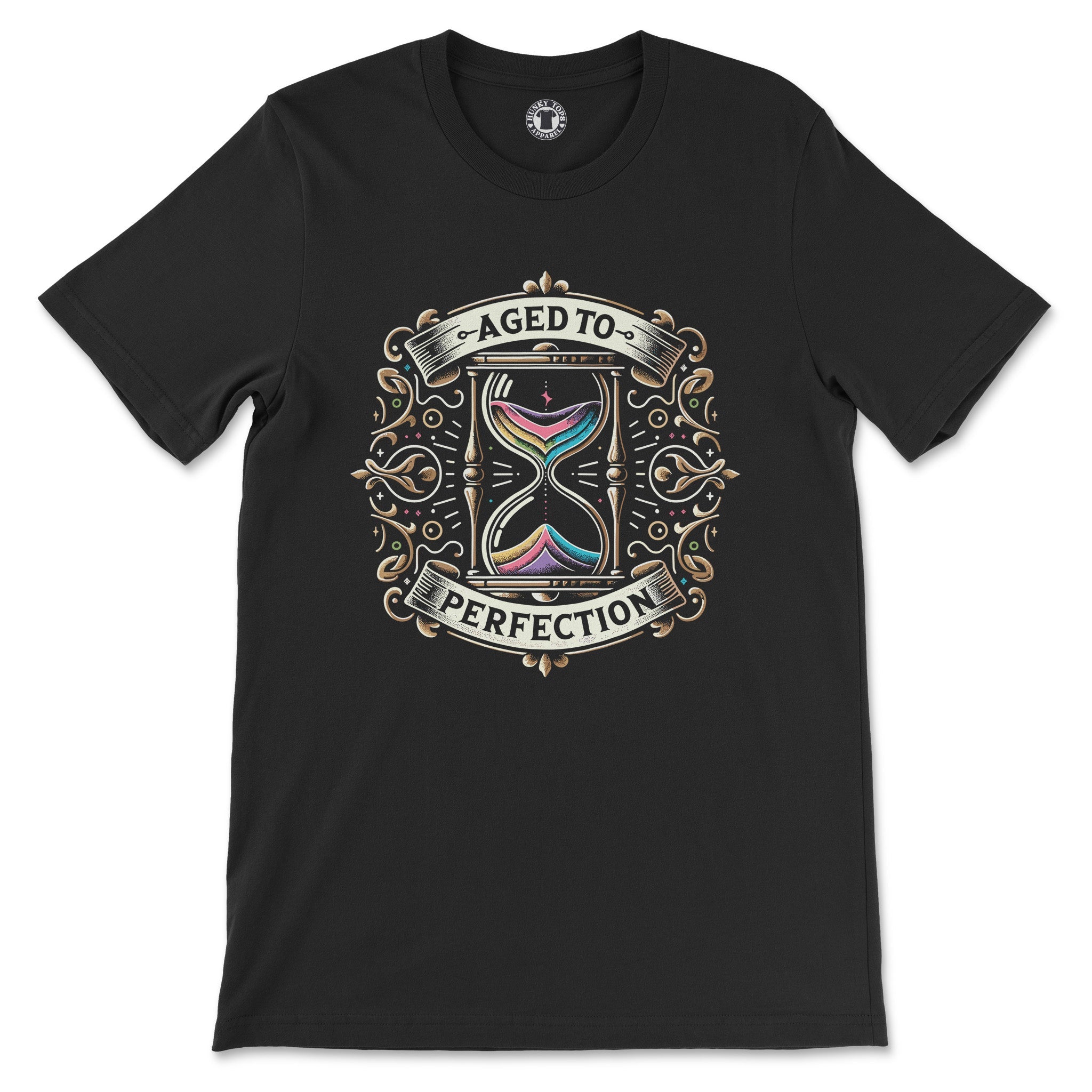 "Aged to Perfection" Vintage Hourglass Graphic Tee - Hunky Tops #color_Black