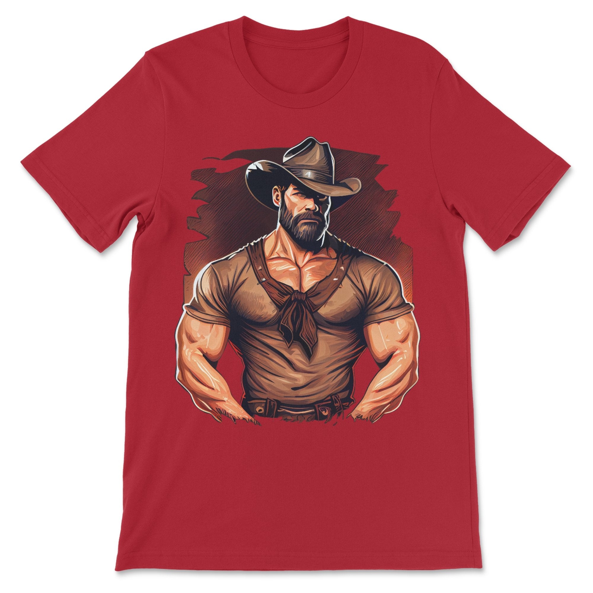 Alluring Muscular Cowboy Tee - Dangerously Stylish Gay T Shirt - Hunky Tops #color_Red