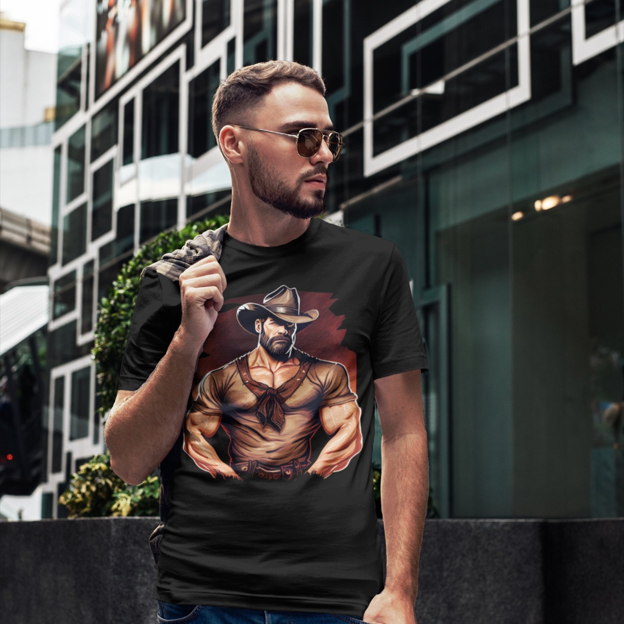 Alluring Muscular Cowboy Tee - Dangerously Stylish Gay T Shirt - Hunky Tops #color_Black
