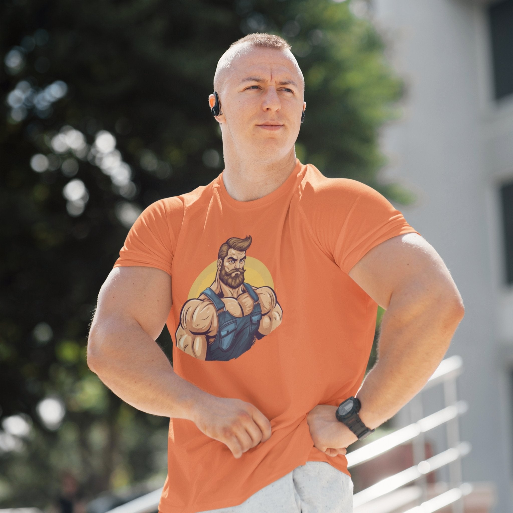 Bearded Man in Overalls T-Shirt - Rustic Style Statement - Hunky Tops #color_Orange