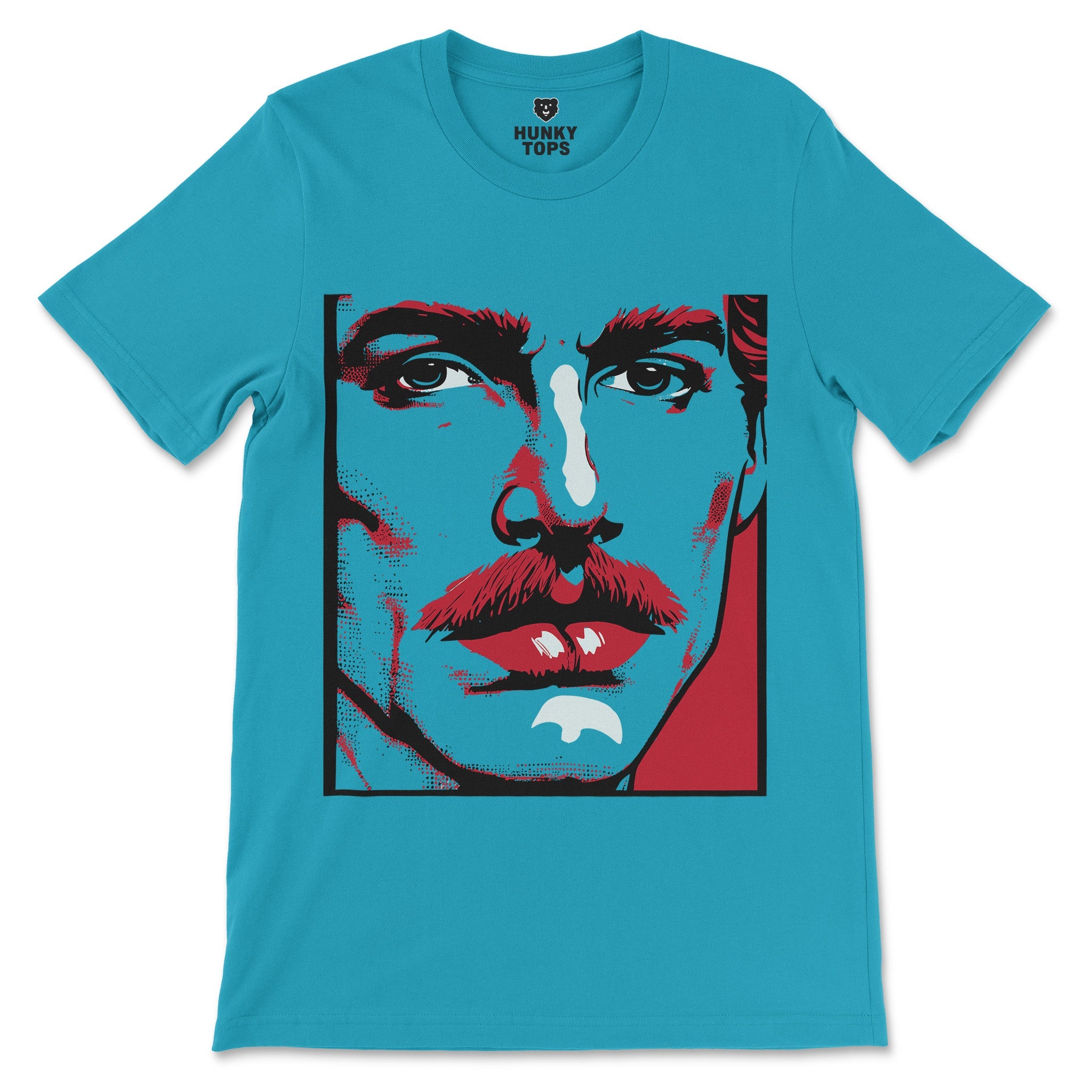 Bold Pop Art Gay Shirt - Vintage-Inspired Mustached Man Graphic Tee - Hunky Tops #color_Aqua