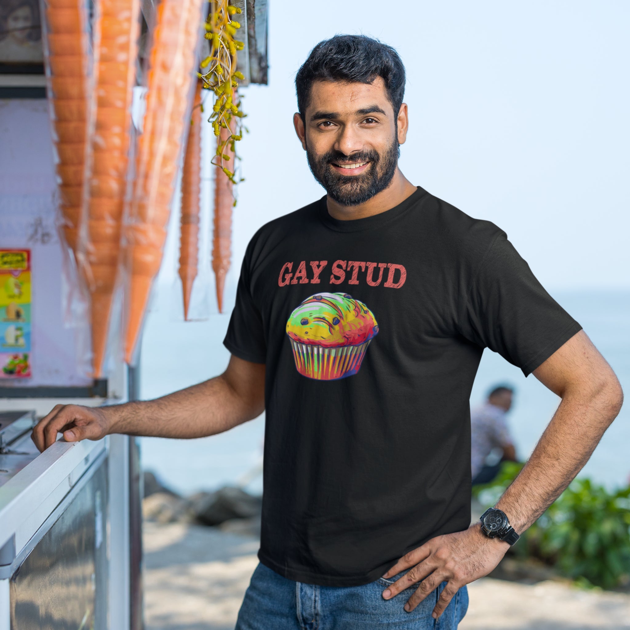 Gay Stud Muffin T-Shirt - Flaunt Your Sweet Side - Hunky Tops #color_Black