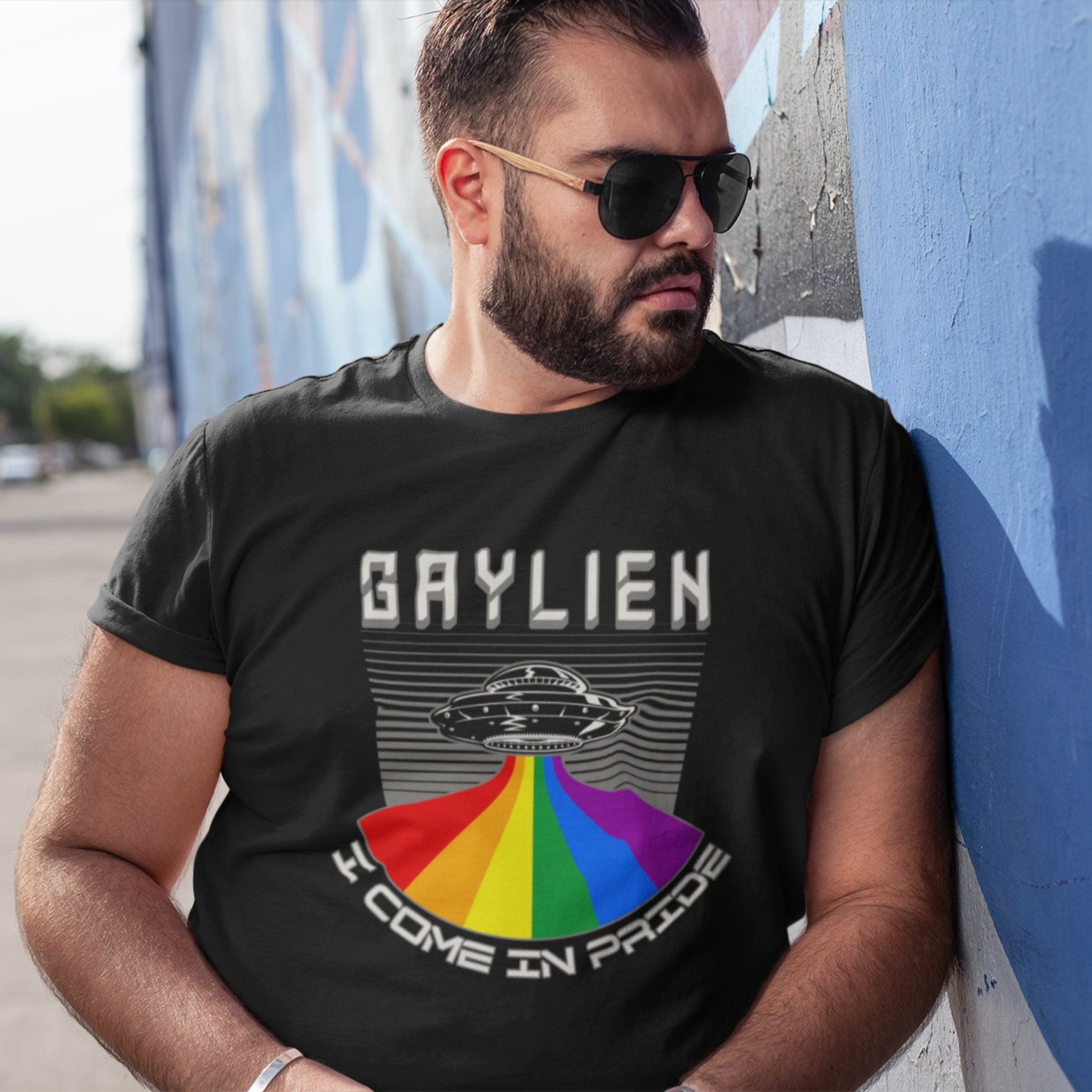 GAYLIEN Pride T-Shirt - Celebrating Queer Immigrants & Cosmic Uniqueness - Hunky Tops