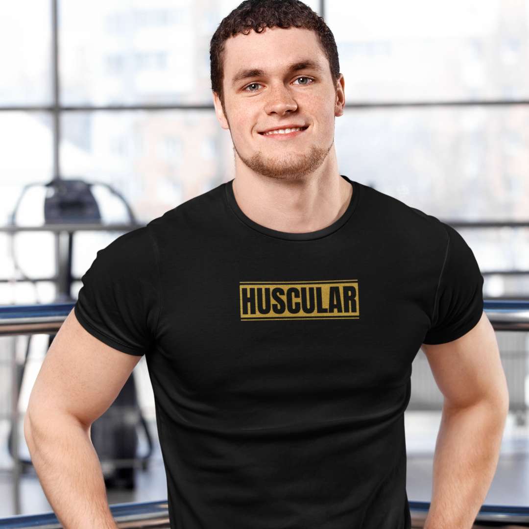 "HUSCULAR" Bold Statement T-shirt - Hunky Tops #color_Black