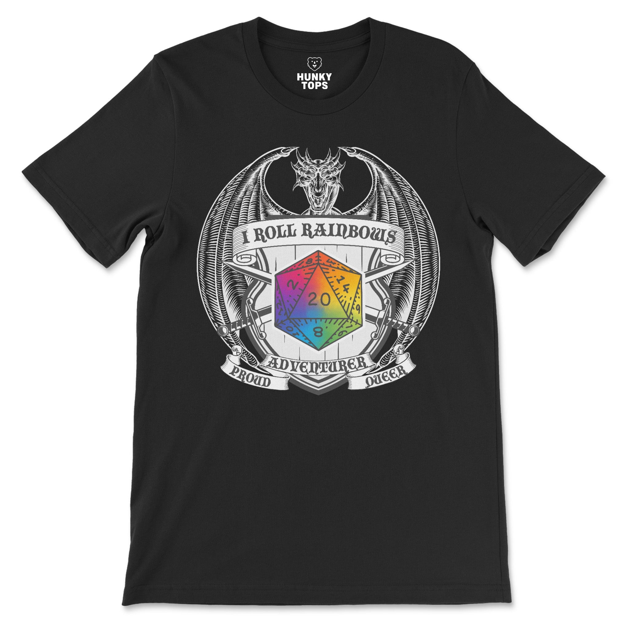 "I Roll Rainbows" T-Shirt - Proud Queer Adventurer Tabletop RPG Statement - Hunky Tops #color_Black