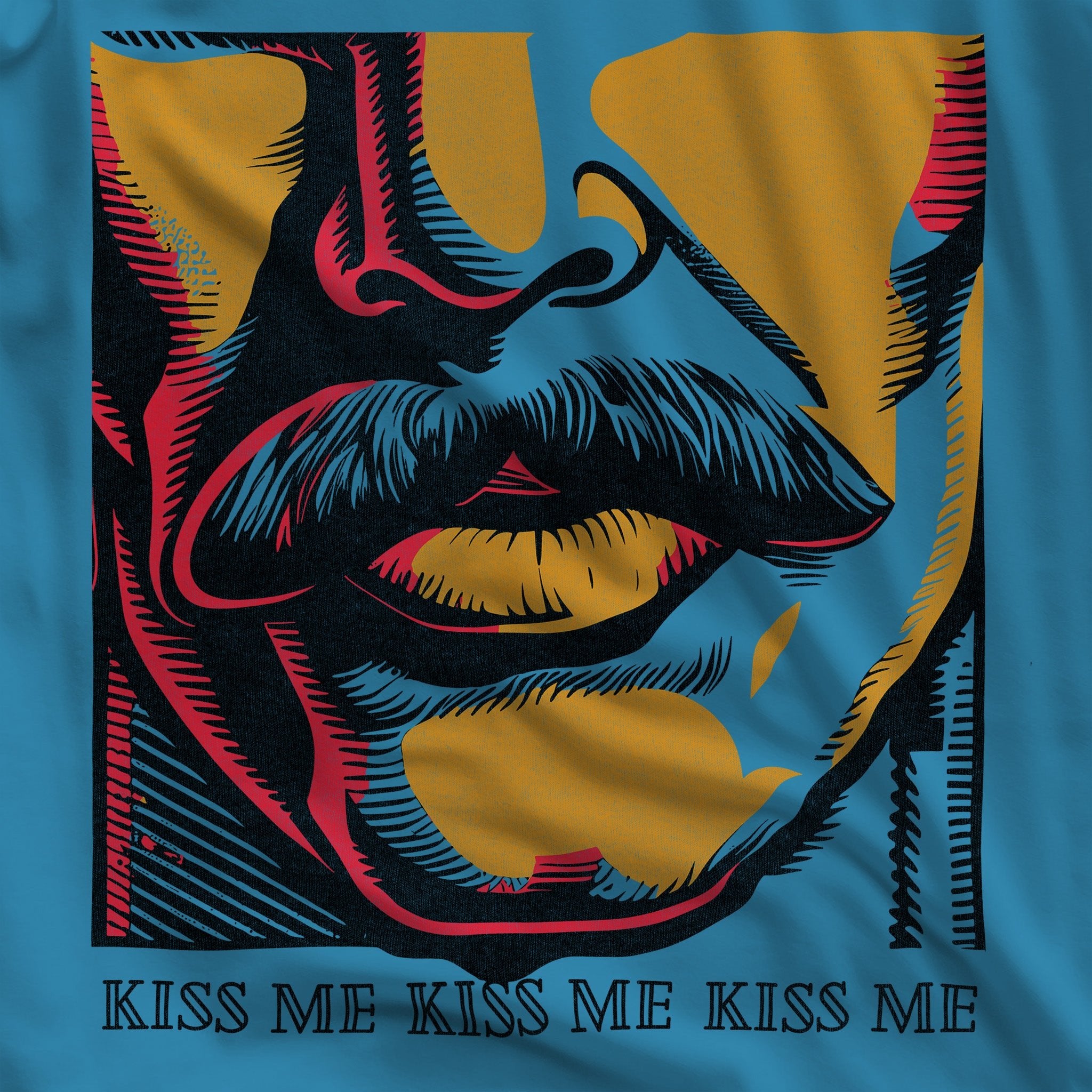 Kiss Me Gay Shirt - Pop Art Graphic Tee - Mustache Male Lips Design - Hunky Tops #color_Aqua
