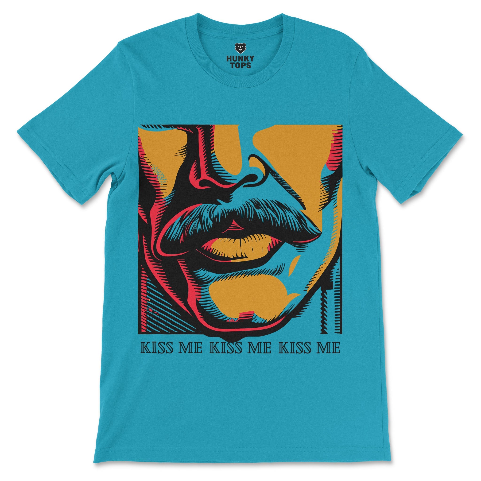 Kiss Me Gay Shirt - Pop Art Graphic Tee - Mustache Male Lips Design - Hunky Tops #color_Aqua