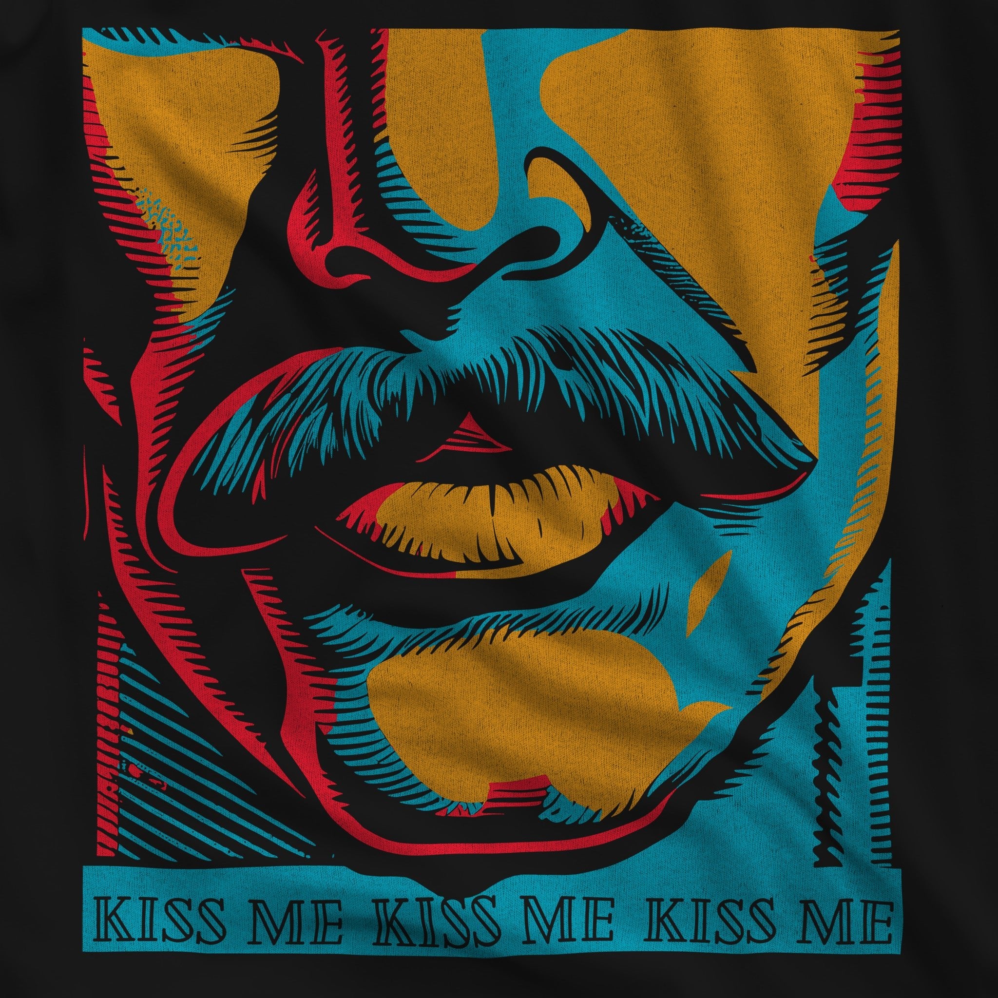 Kiss Me Gay Shirt - Pop Art Graphic Tee - Mustache Male Lips Design - Hunky Tops #color_Black