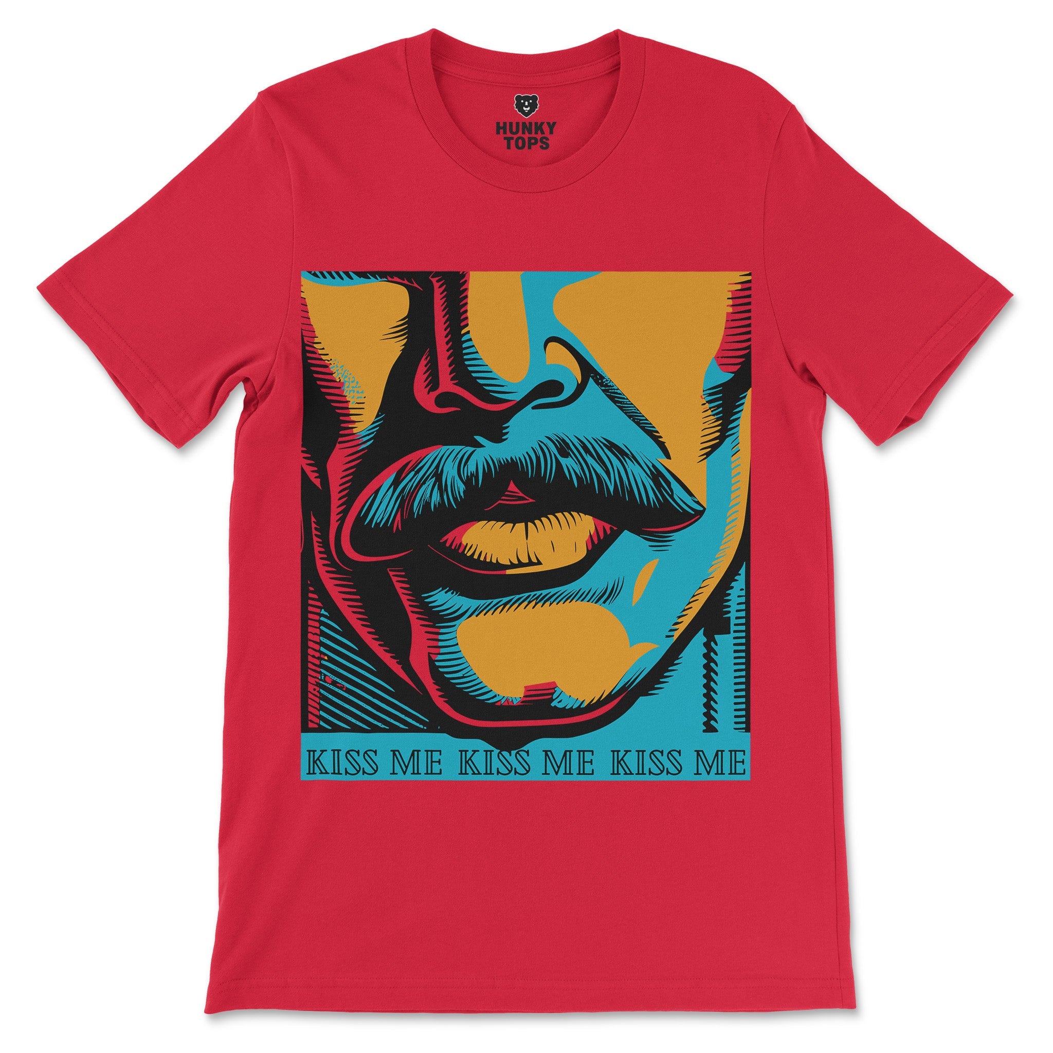 Kiss Me Gay Shirt - Pop Art Graphic Tee - Mustache Male Lips Design - Hunky Tops #color_Red