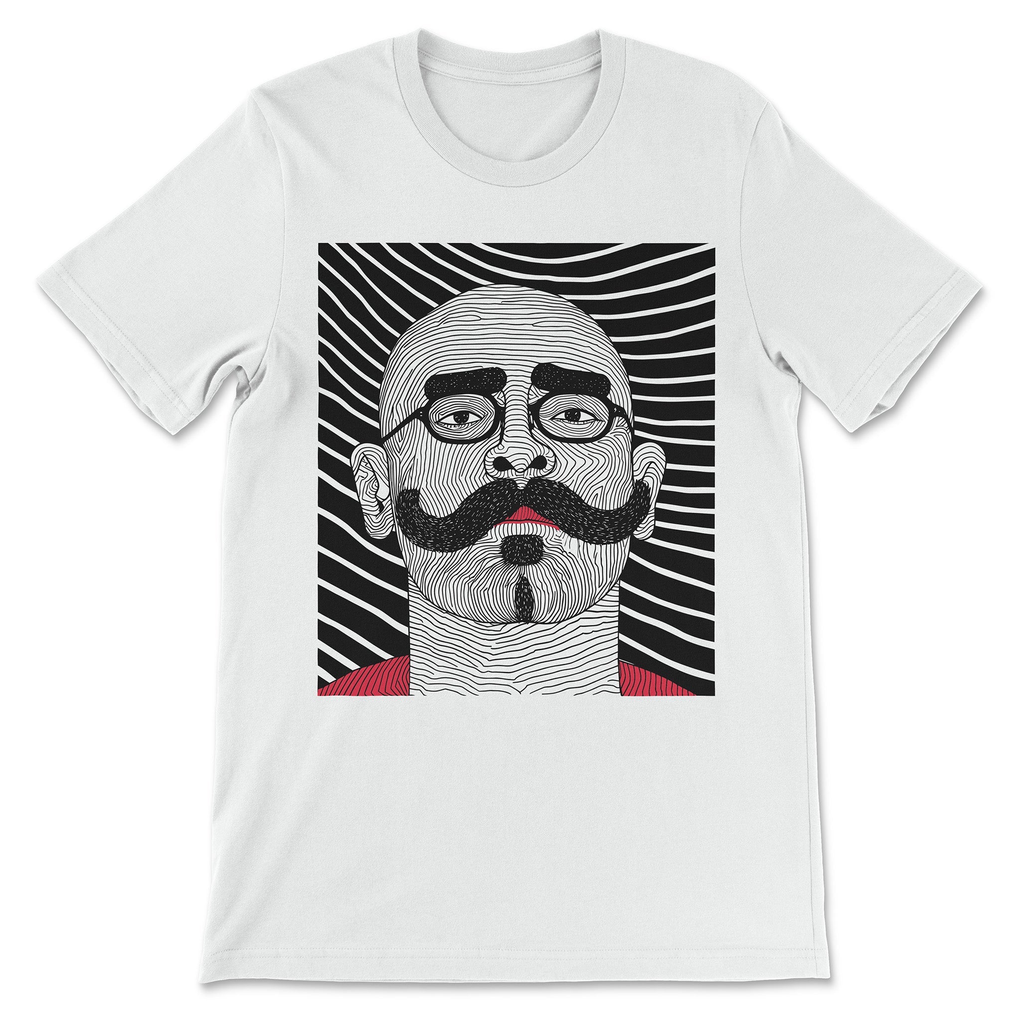 "Mapped Mystique" Contour Line Mustached Man T-Shirt - Hunky Tops #color_White