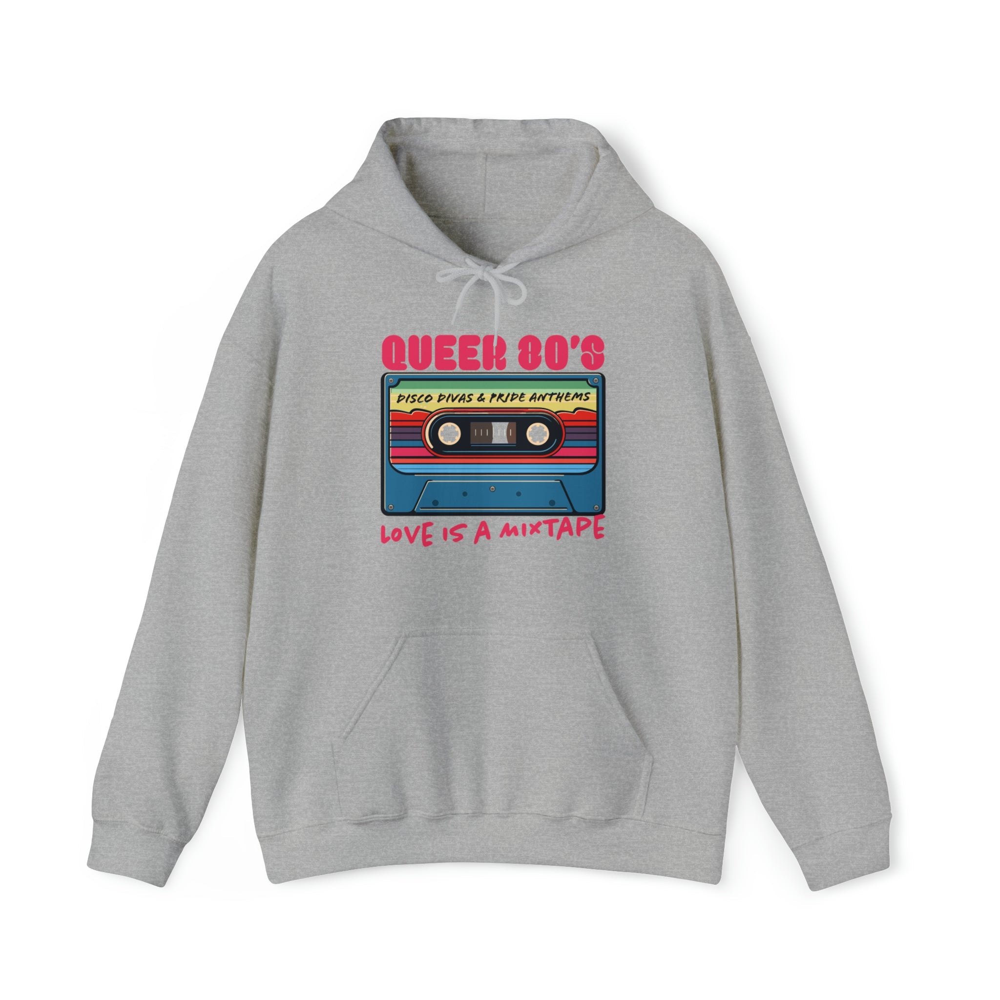 "Queer 80's: Love is a Mixtape" Hoodie - Hunky Tops #color_Sport Grey
