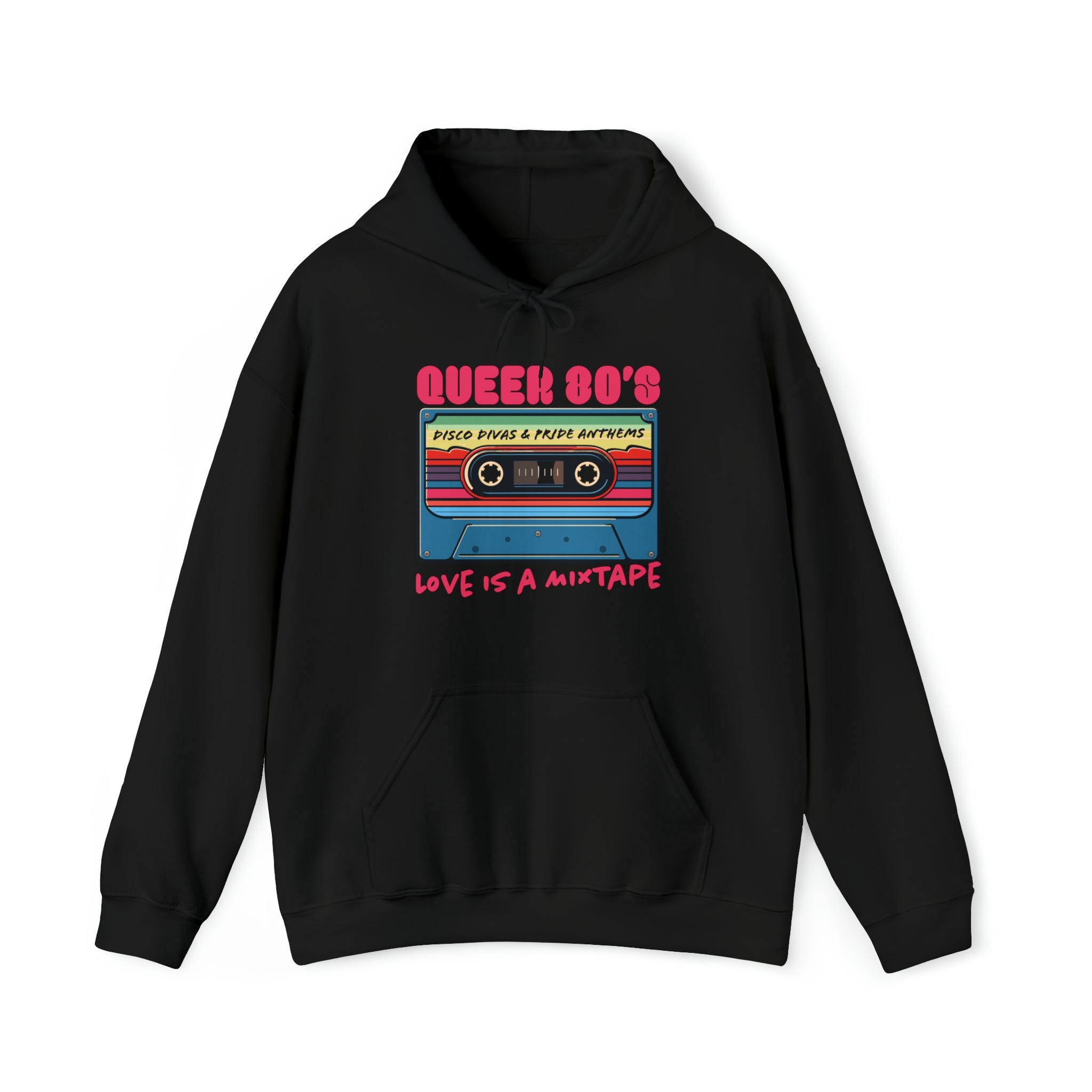 "Queer 80's: Love is a Mixtape" Hoodie - Hunky Tops #color_Black