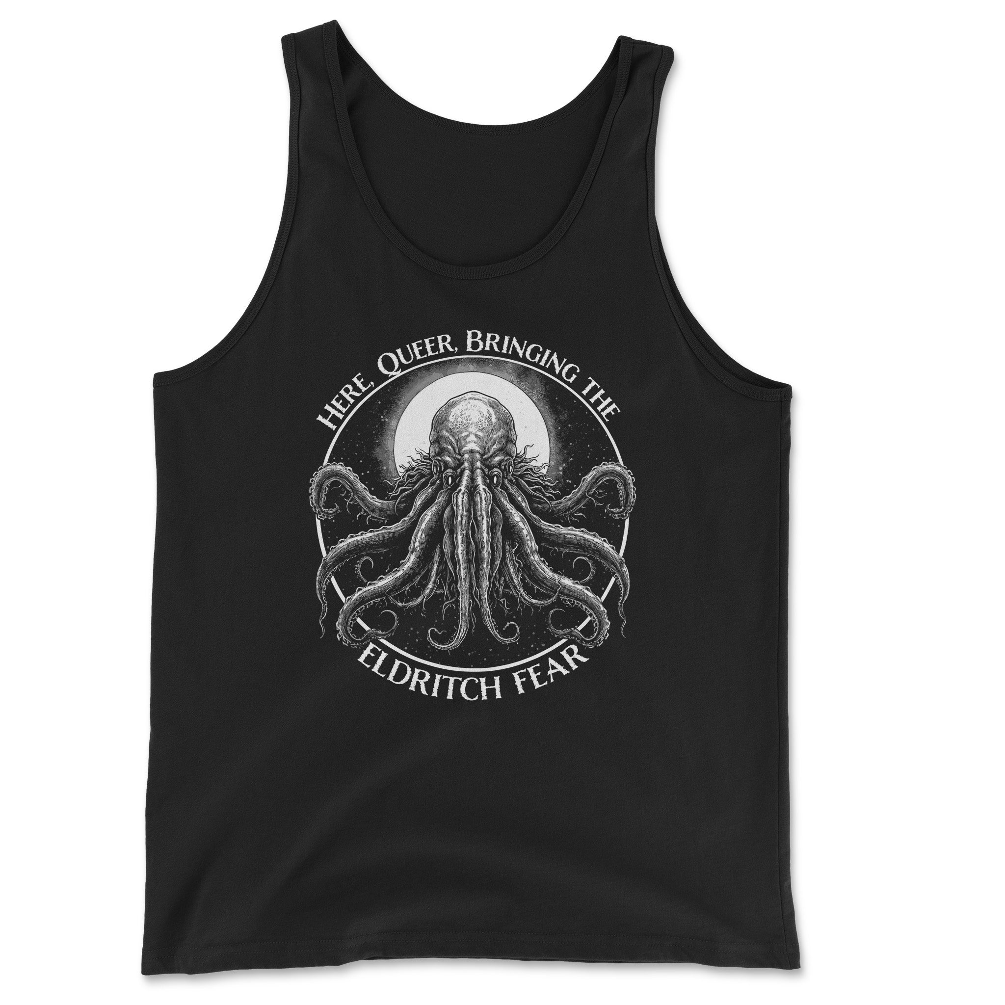 Queer Eldritch Fear Tank – Conquer the Cosmic Unknown - Hunky Tops #color_Black