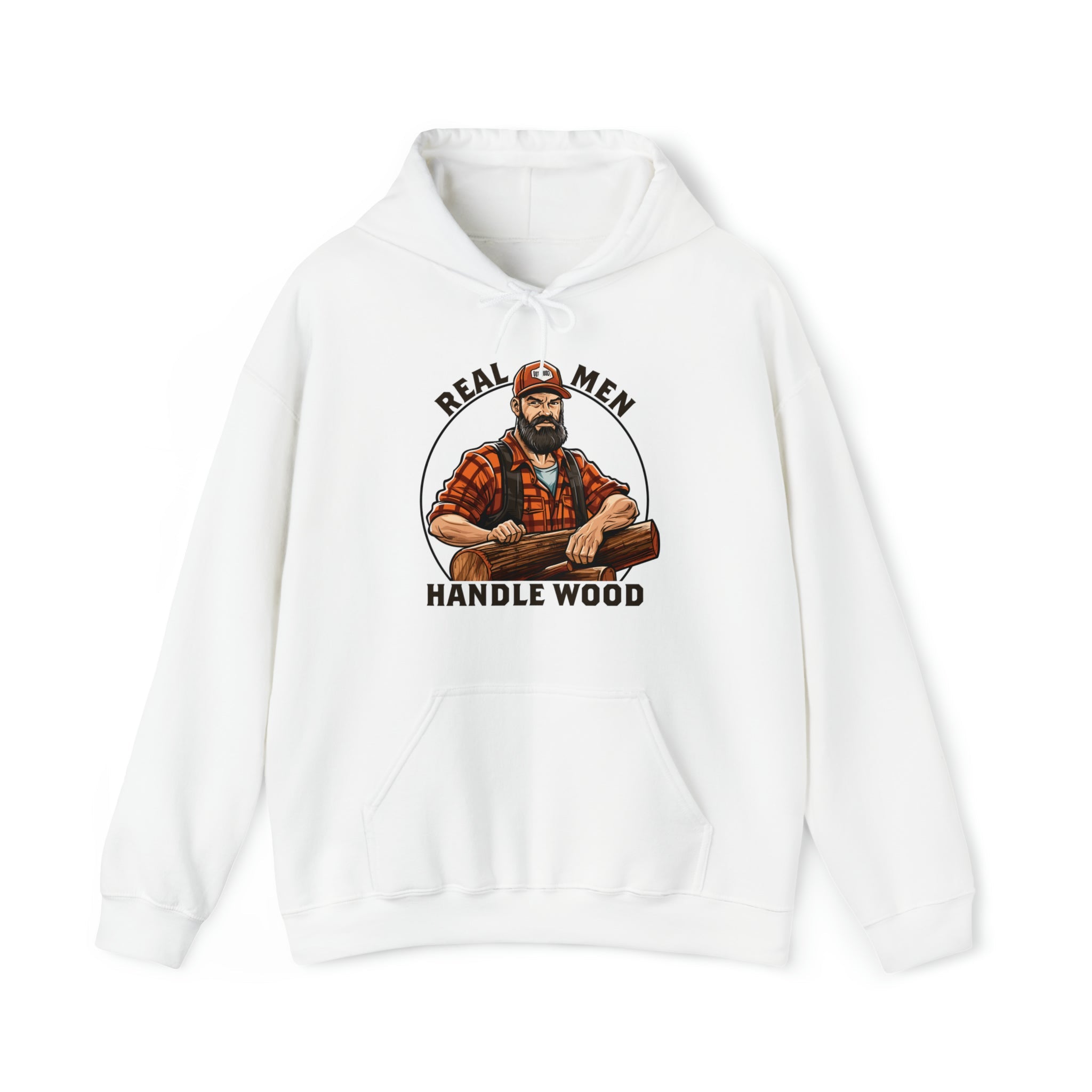 "Real Men Handle Wood" Lumberjack-Themed Hoodie - Hunky Tops #color_White