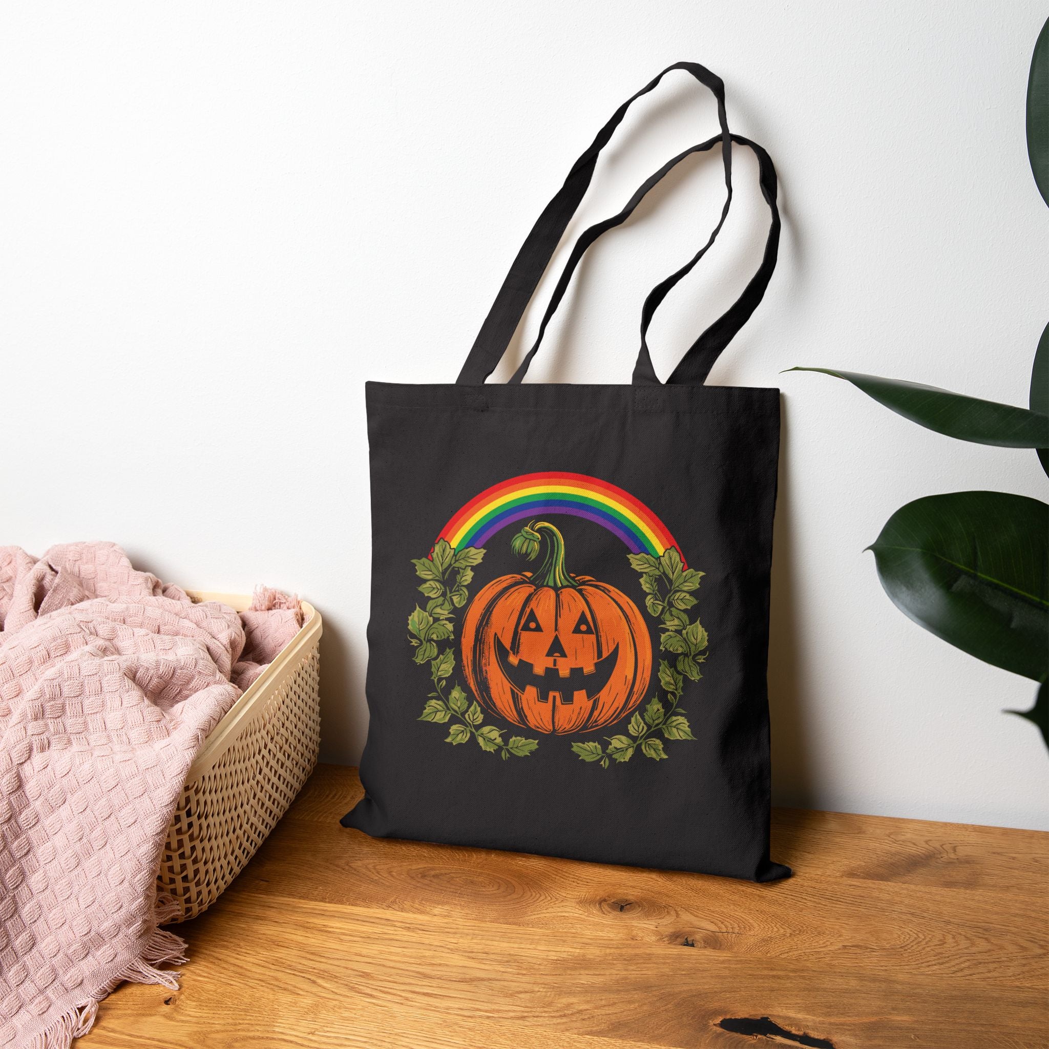 Pride Pumpkin Gay Halloween Canvas Tote Bag - Hunky Tops #color_Black