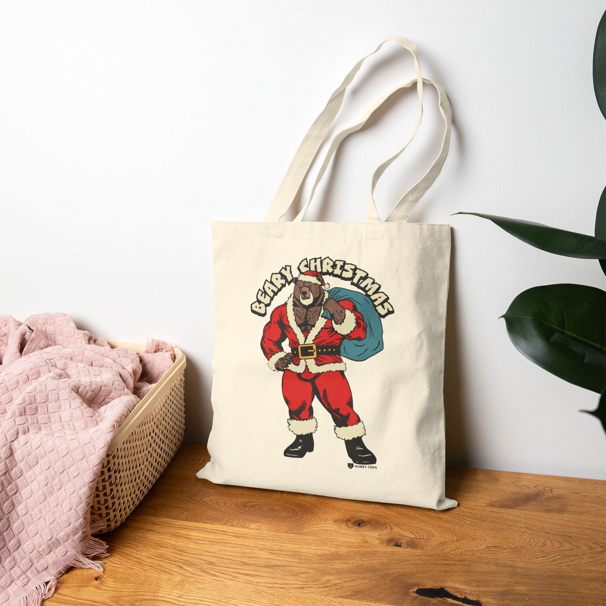 Beary Christmas Canvas Tote Bag - Printify #color_Natural