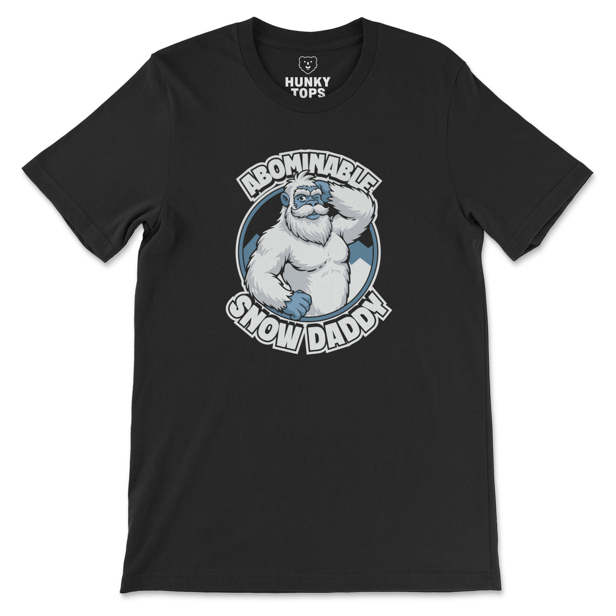 Abominable Snow Daddy winking yeti graphic on a black t-shirt, flat lay #color_Black