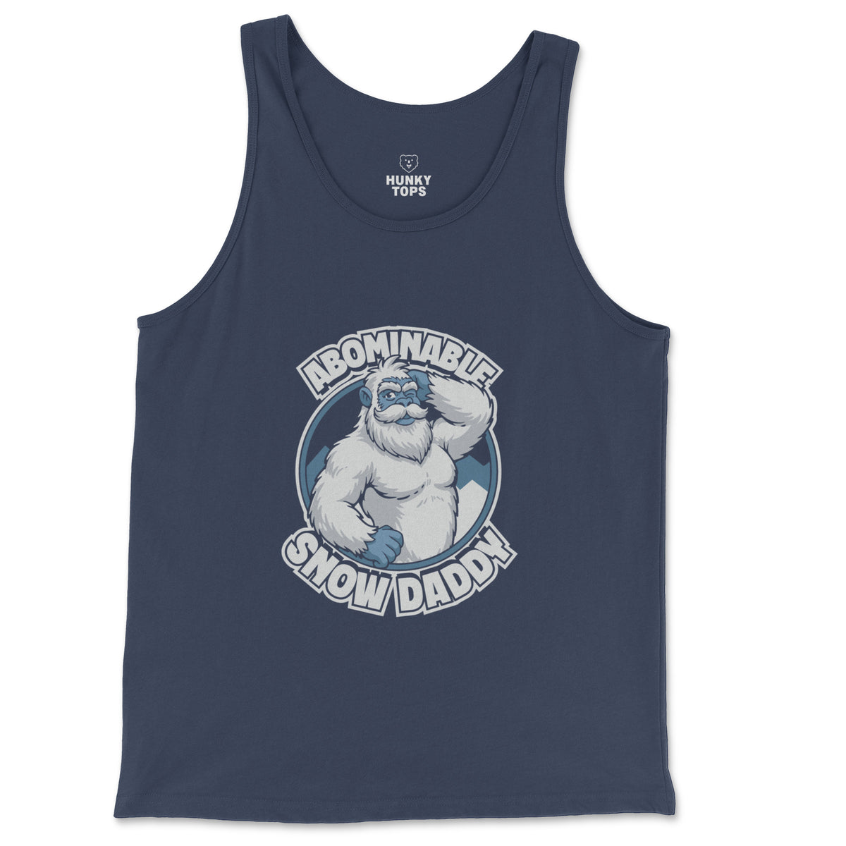 Abominable Snow Daddy winking yeti graphic on a navy tank top, flat lay #color_Navy