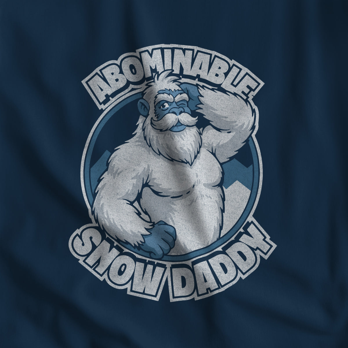 Close-up of the Abominable Snow Daddy yeti print on true navy fabric #color_True Navy