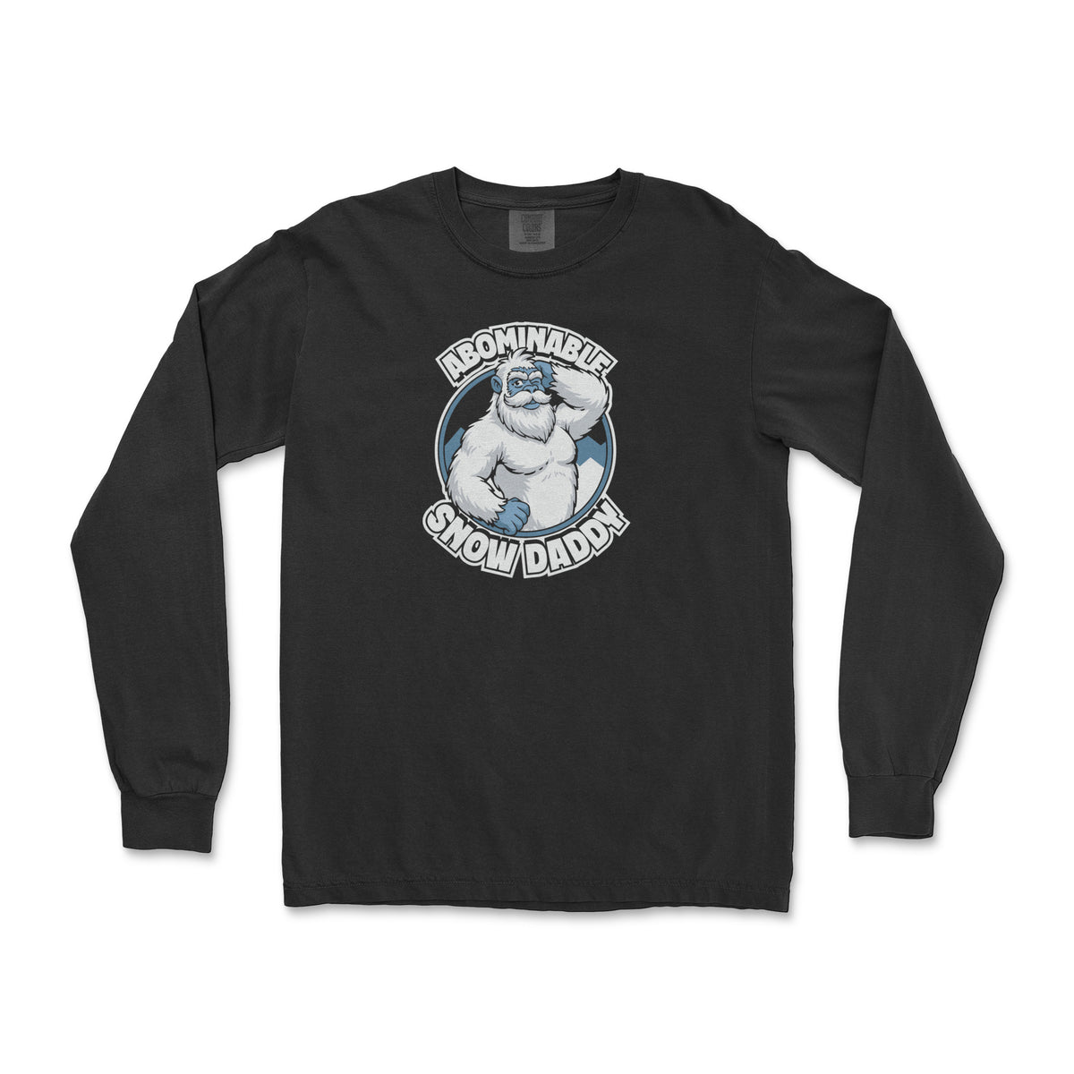 Abominable Snow Daddy winking yeti graphic on a black long sleeve shirt, flat lay #color_Black