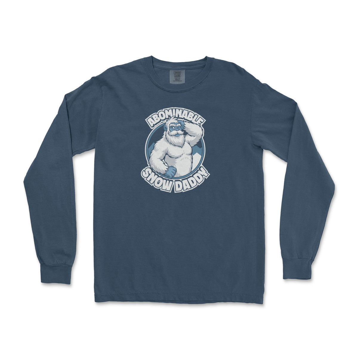 Abominable Snow Daddy winking yeti graphic on a true navy long sleeve shirt, flat lay #color_True Navy