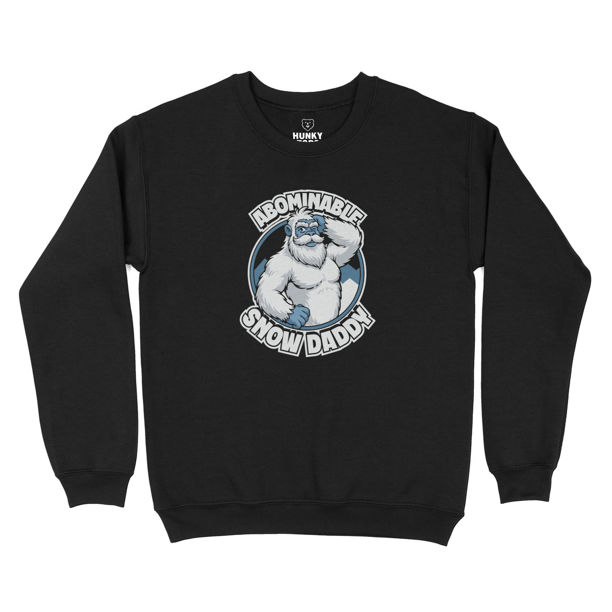 Abominable Snow Daddy winking yeti graphic on a black crewneck sweatshirt, flat lay #color_Black