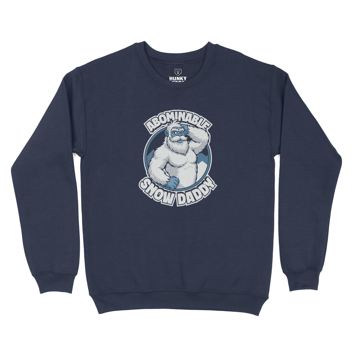 Abominable Snow Daddy winking yeti graphic on a navy crewneck sweatshirt, flat lay #color_Navy