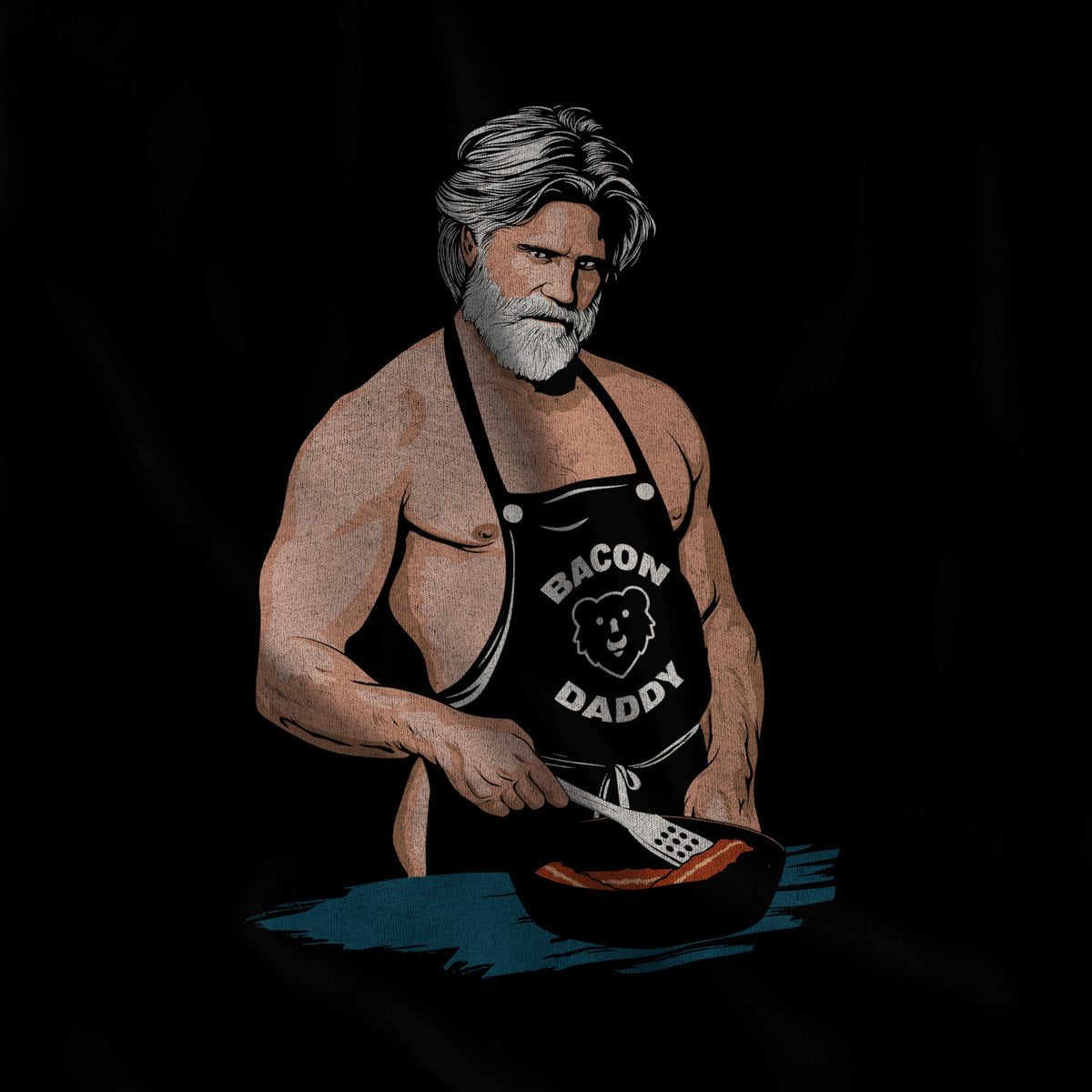 Close-up of the Bacon Daddy apron and skillet print on black fabric #color_Black