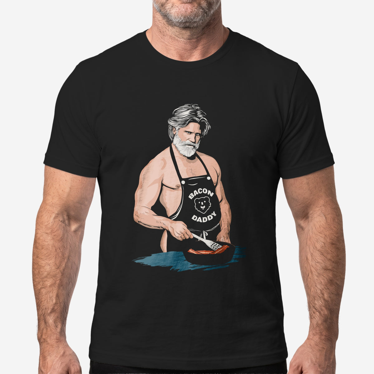 Bacon Daddy T-Shirt worn by a model, black t-shirt #color_Black