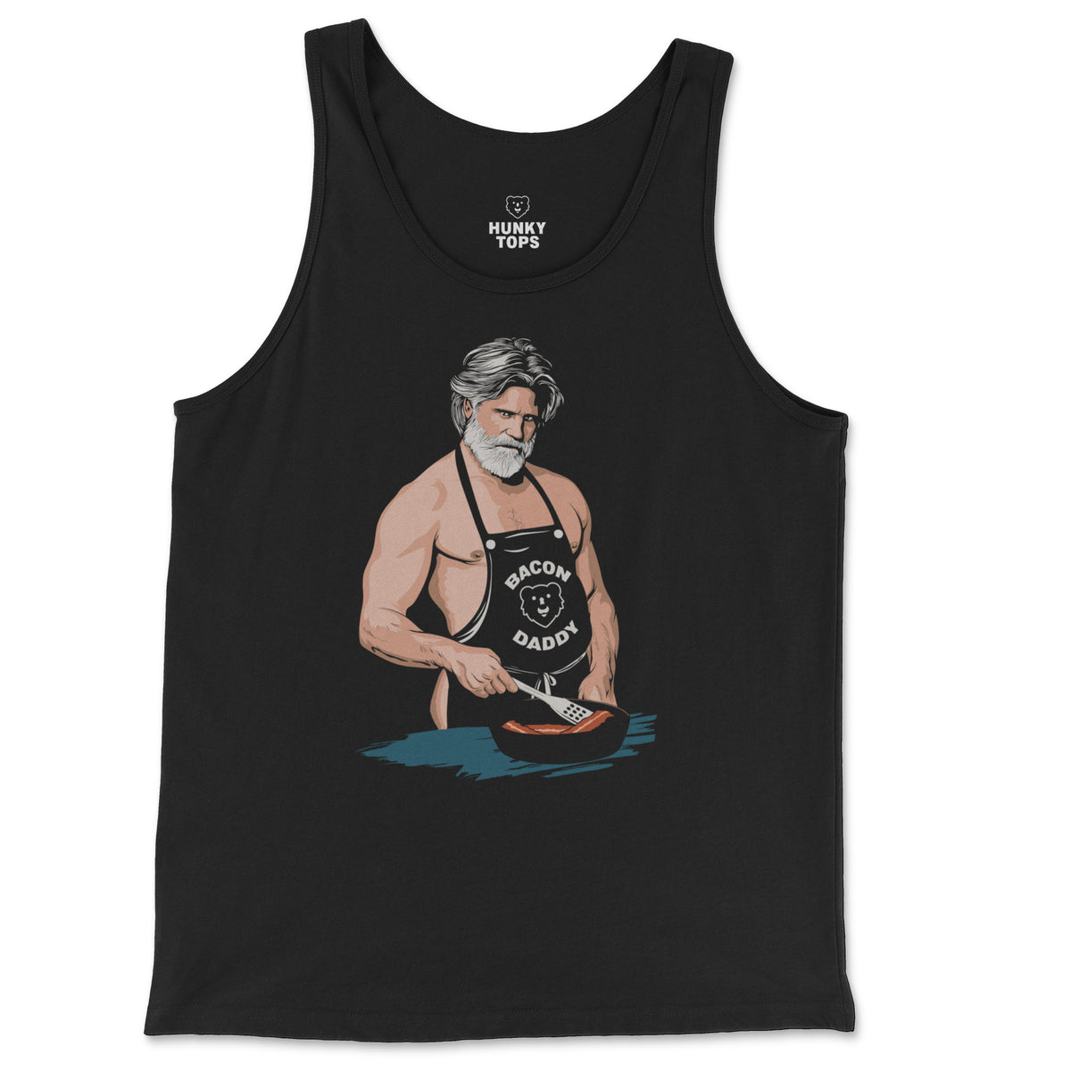 Bacon Daddy graphic of a shirtless silver daddy in an apron frying bacon on a black tank top, flat lay #color_Black