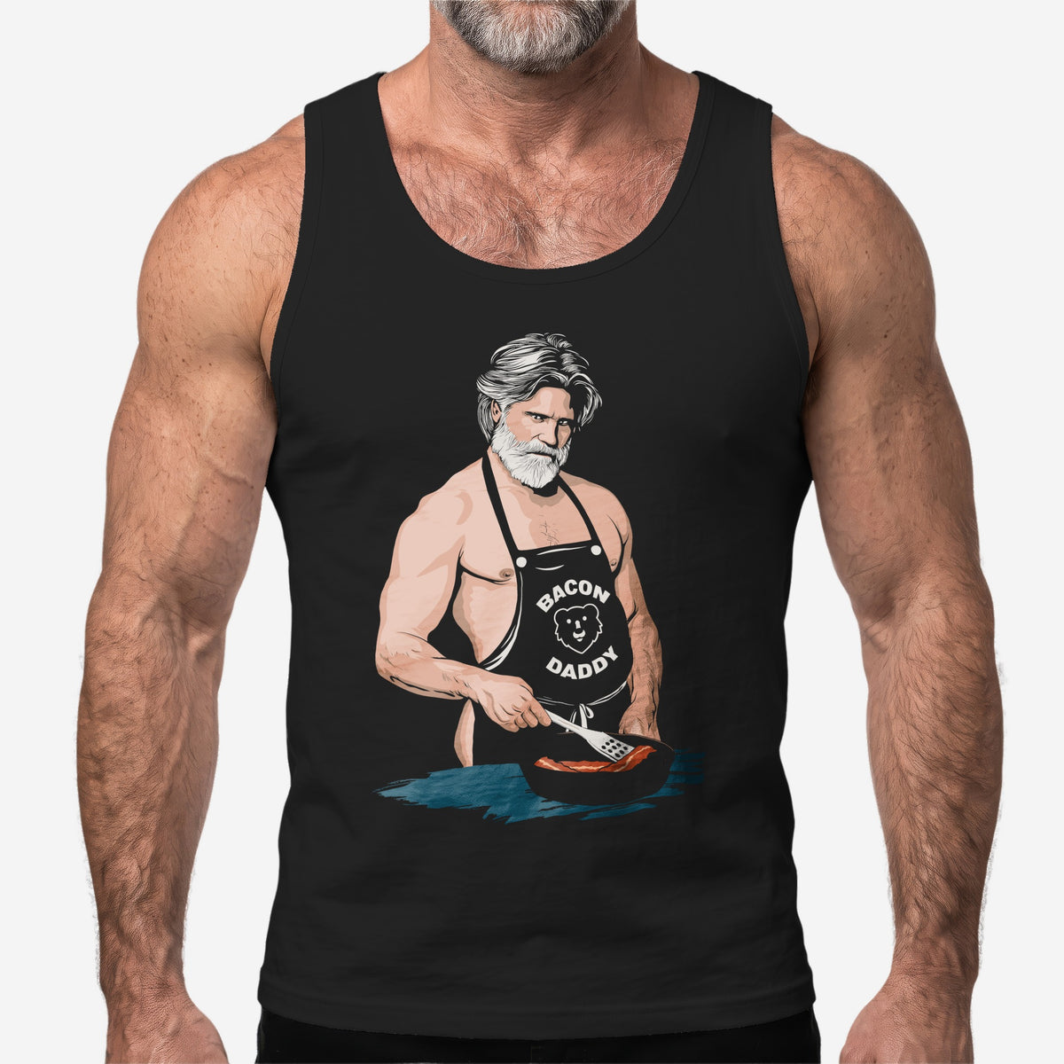 Bacon Daddy Tank Top worn by a model, black tank top #color_Black