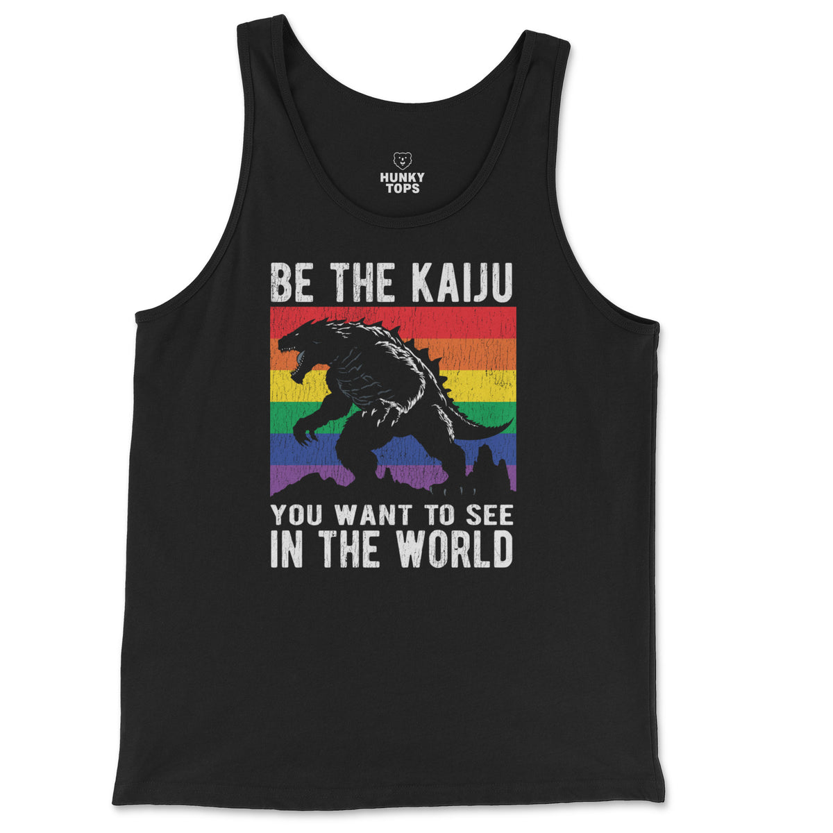 Be The Kaiju Pride Tank Top on a black tank top, flat lay #color_Black
