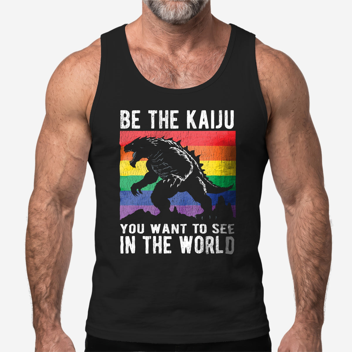 Be The Kaiju Pride Tank Top worn by a model, black tank top #color_Black