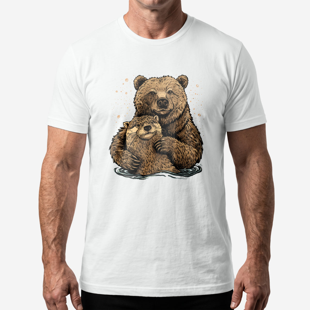 Bear + Otter T-Shirt worn by a model, white t-shirt #color_White
