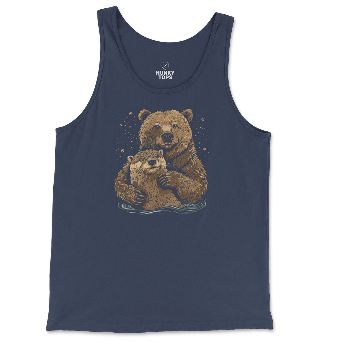 Bear + Otter Companionship Tank Top on a navy tank top, flat lay #color_Navy