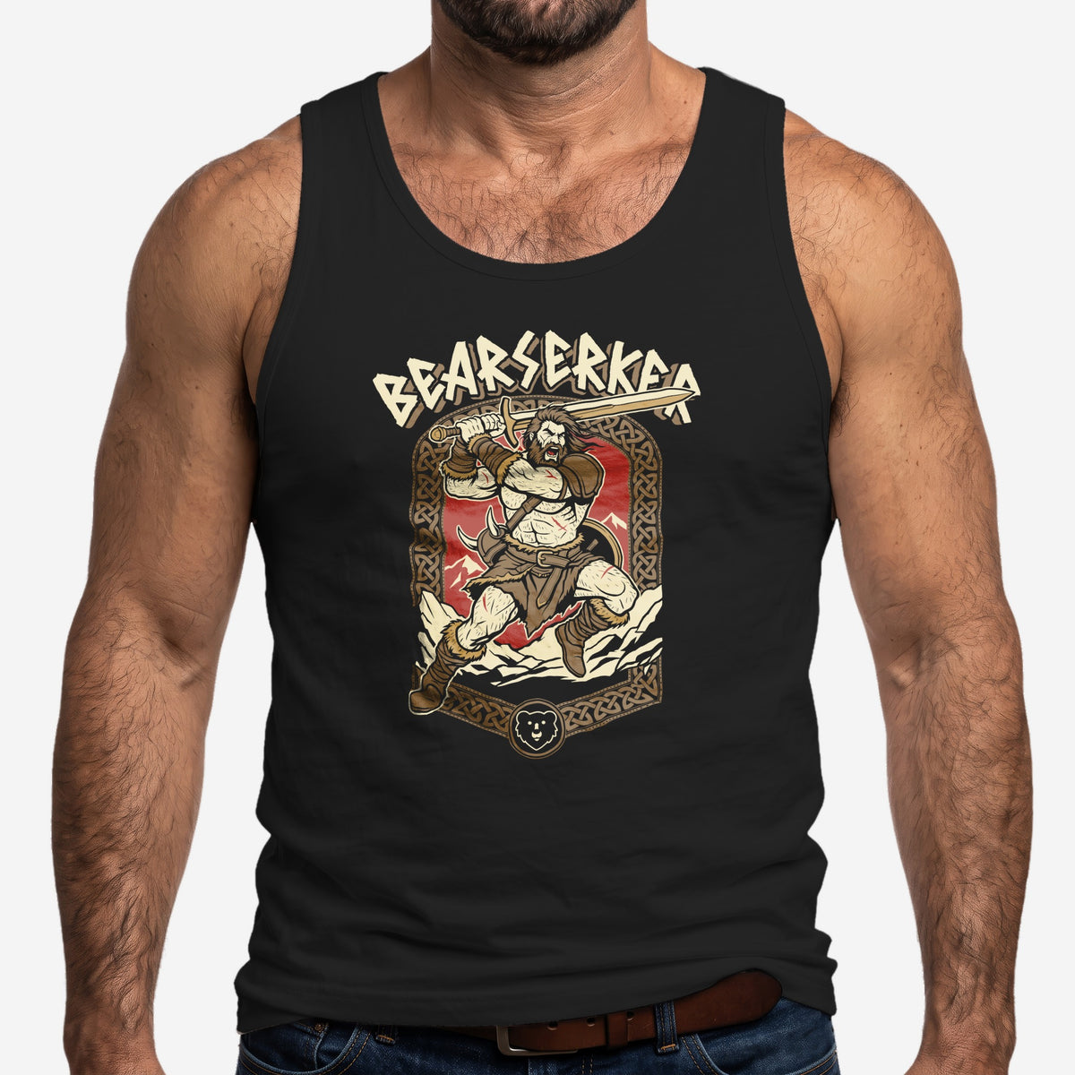 Bearserker Tank Top worn by a model, black tank top #color_Black