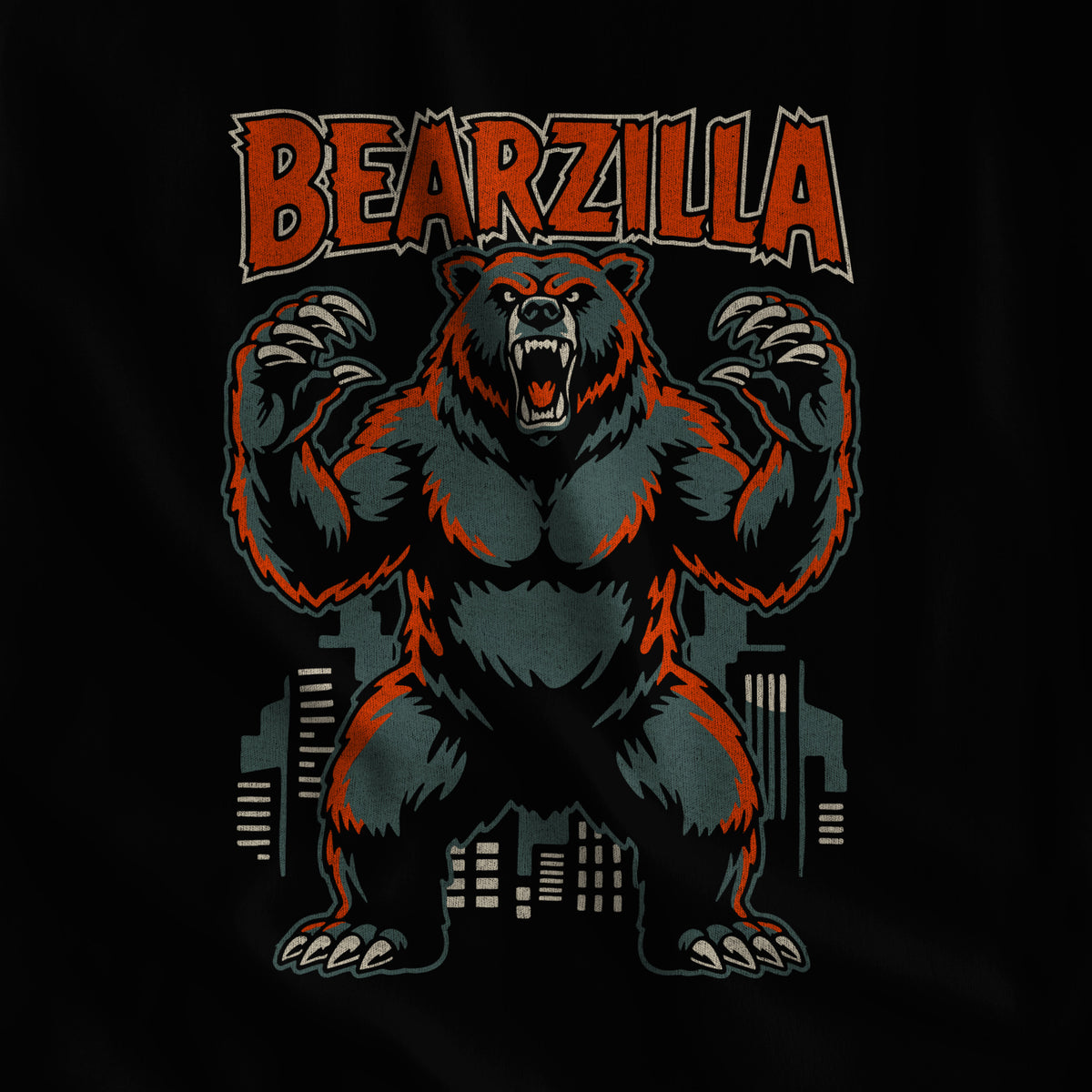 Close-up of the Bearzilla kaiju bear print on black fabric #color_Black