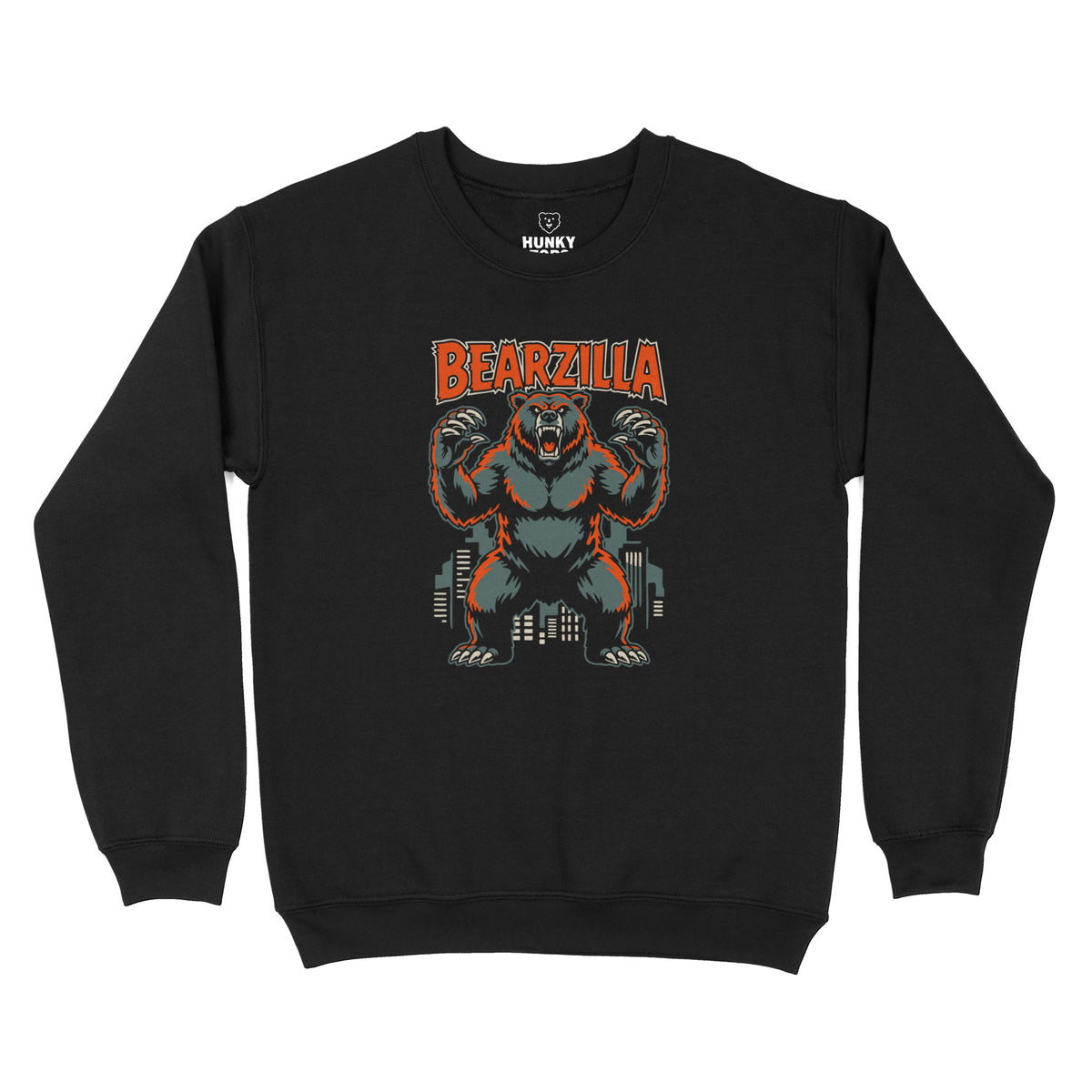 Bearzilla kaiju bear graphic on a black crewneck sweatshirt, flat lay #color_Black