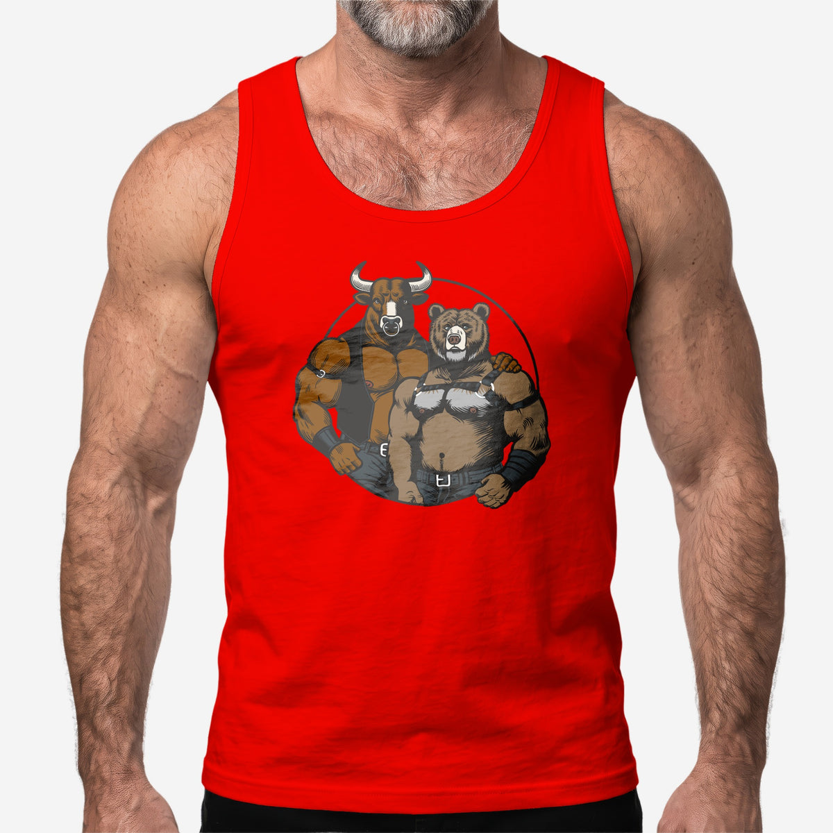 Bull and Bear graphic jersey tank top in red worn on a model #color_Red