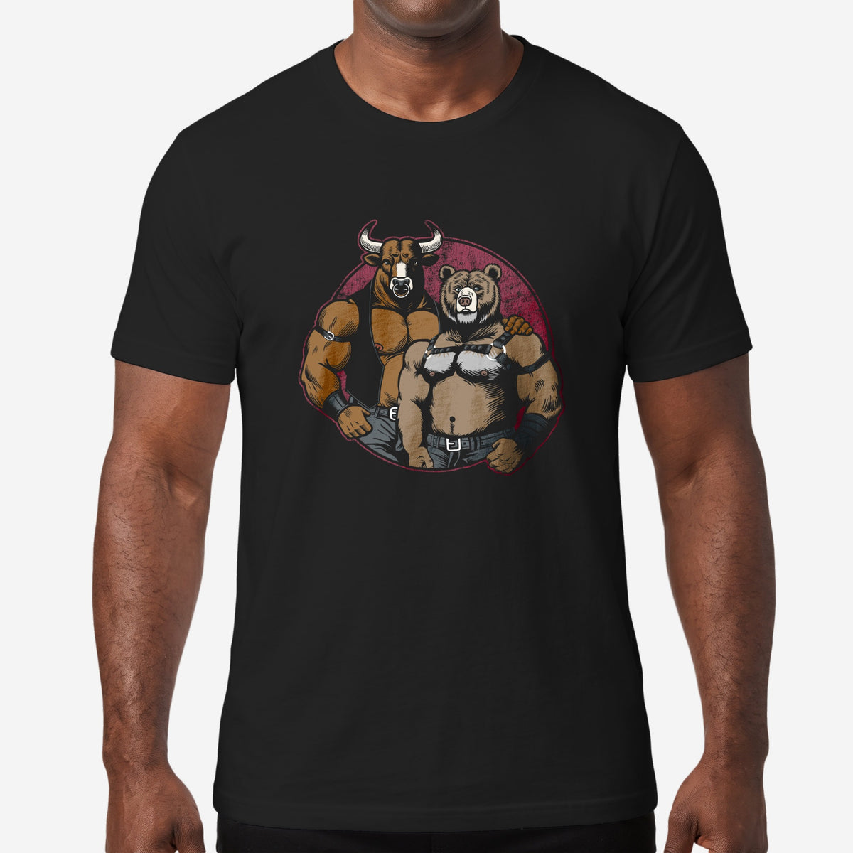 Bull and Bear graphic unisex t-shirt in black worn on a model #color_Black